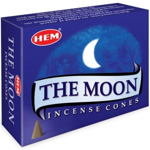 Blue HEM The Moon incense cone box with a white crescent moon illustration.