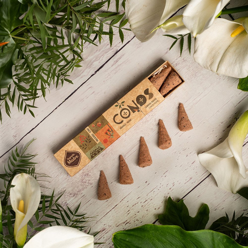 Large brown Sandal and Yagra incense cones displayed beside their box.