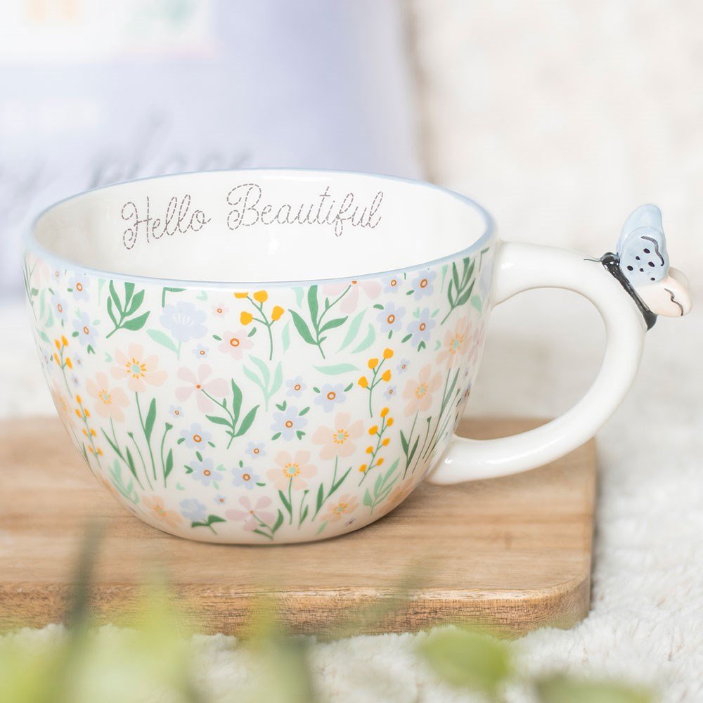 Ditsy Floral Print Ceramic Mug With Butterfly