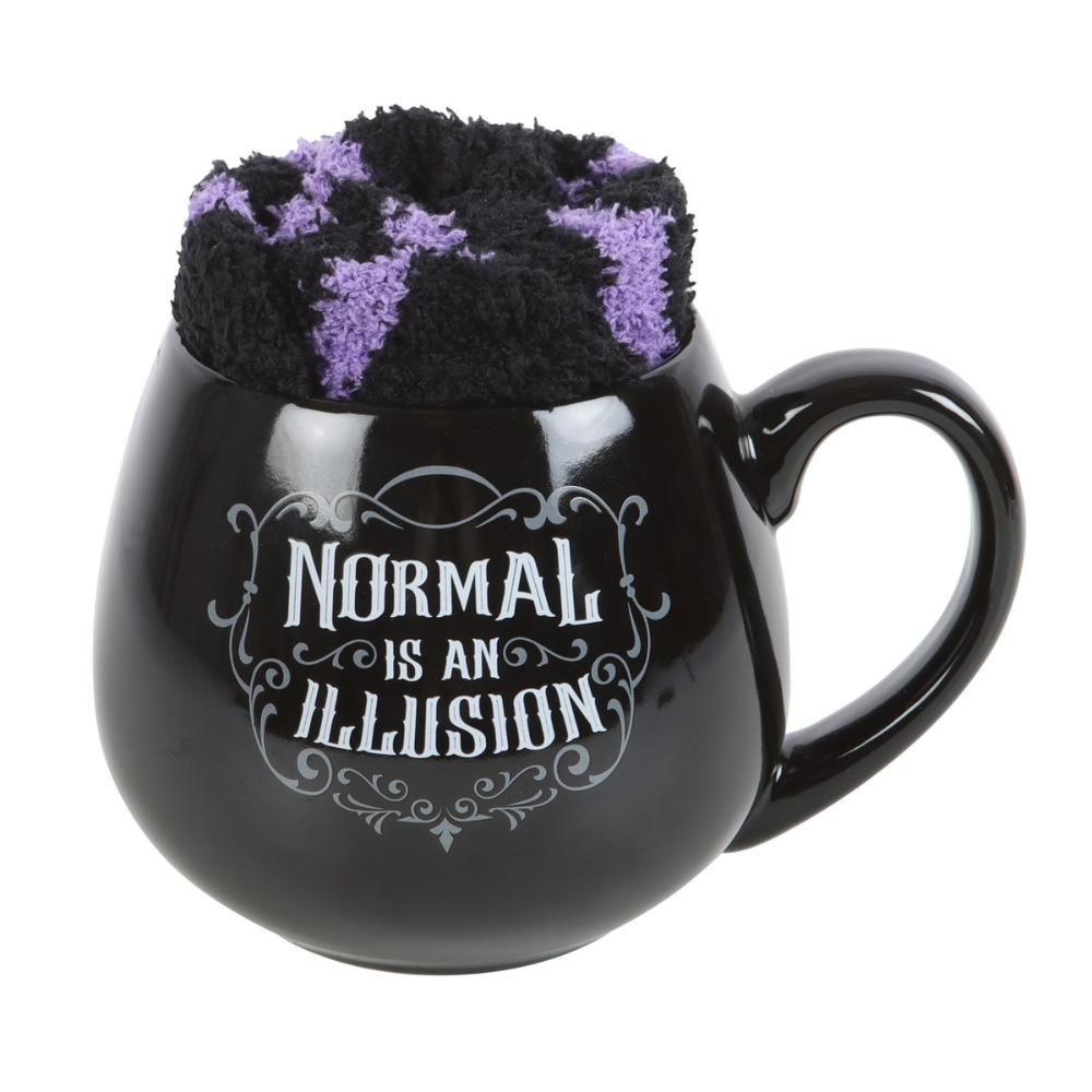 Normal Is An Illusion | Gothic Ceramic Mug And Socks Set