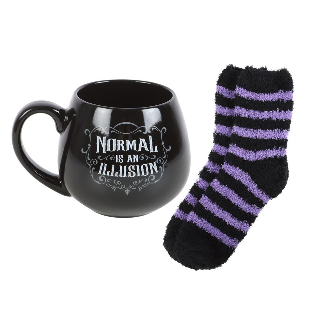 Normal Is An Illusion | Gothic Ceramic Mug And Socks Set