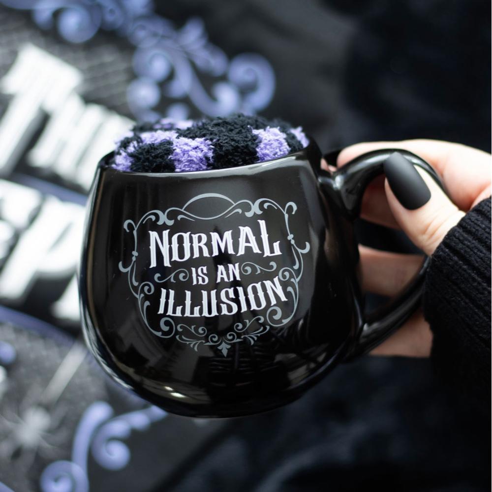 Normal Is An Illusion | Gothic Ceramic Mug And Socks Set