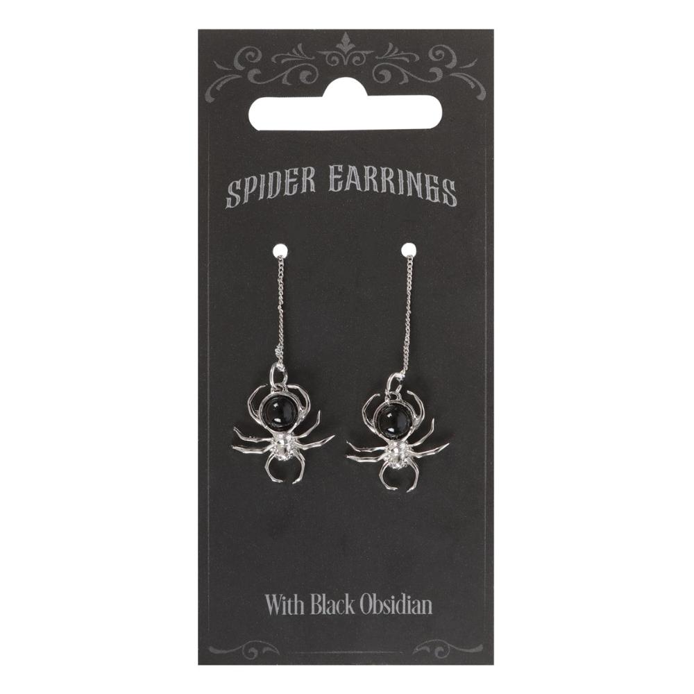 Spider Stainless Steel Threader Earrings With Black Obsidian