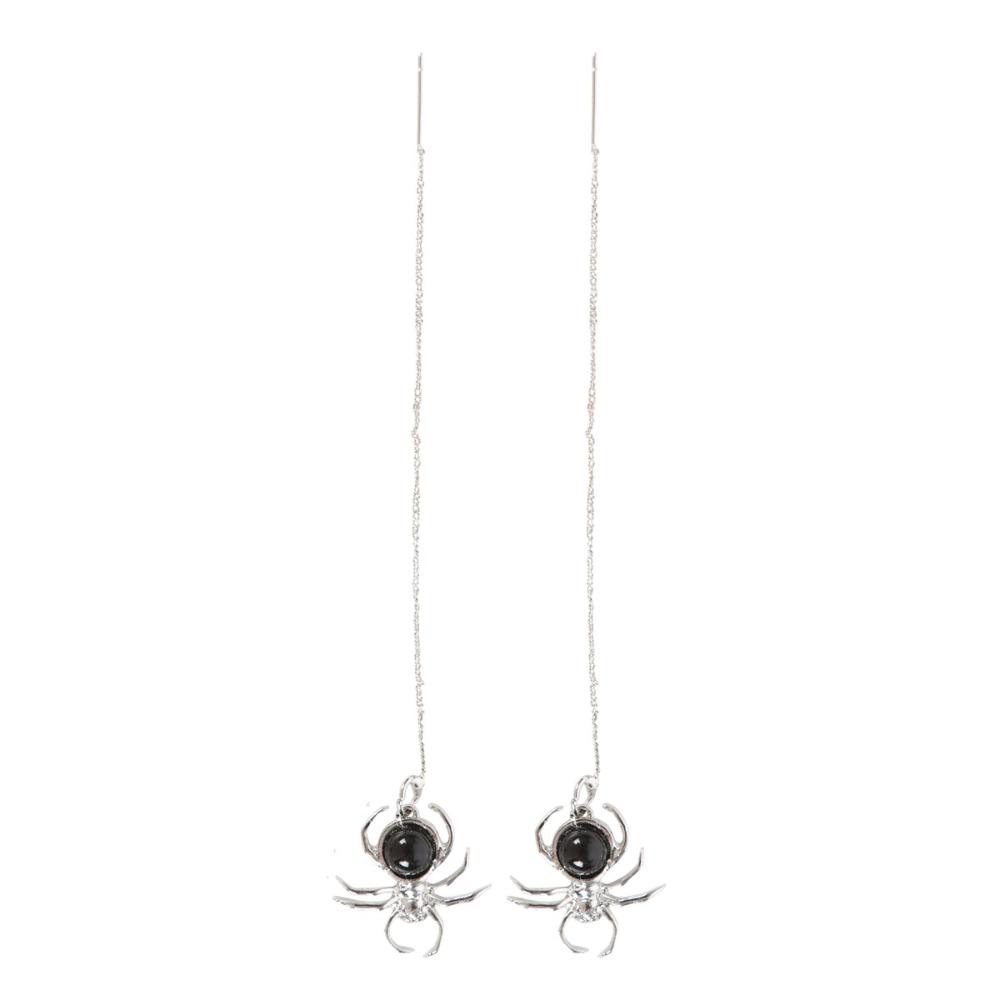 Spider Stainless Steel Threader Earrings With Black Obsidian