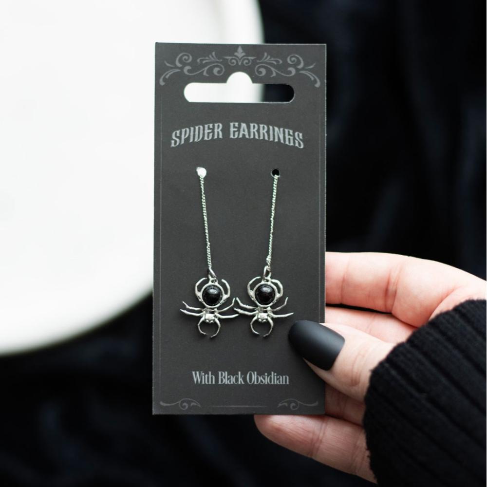 Spider Stainless Steel Threader Earrings With Black Obsidian