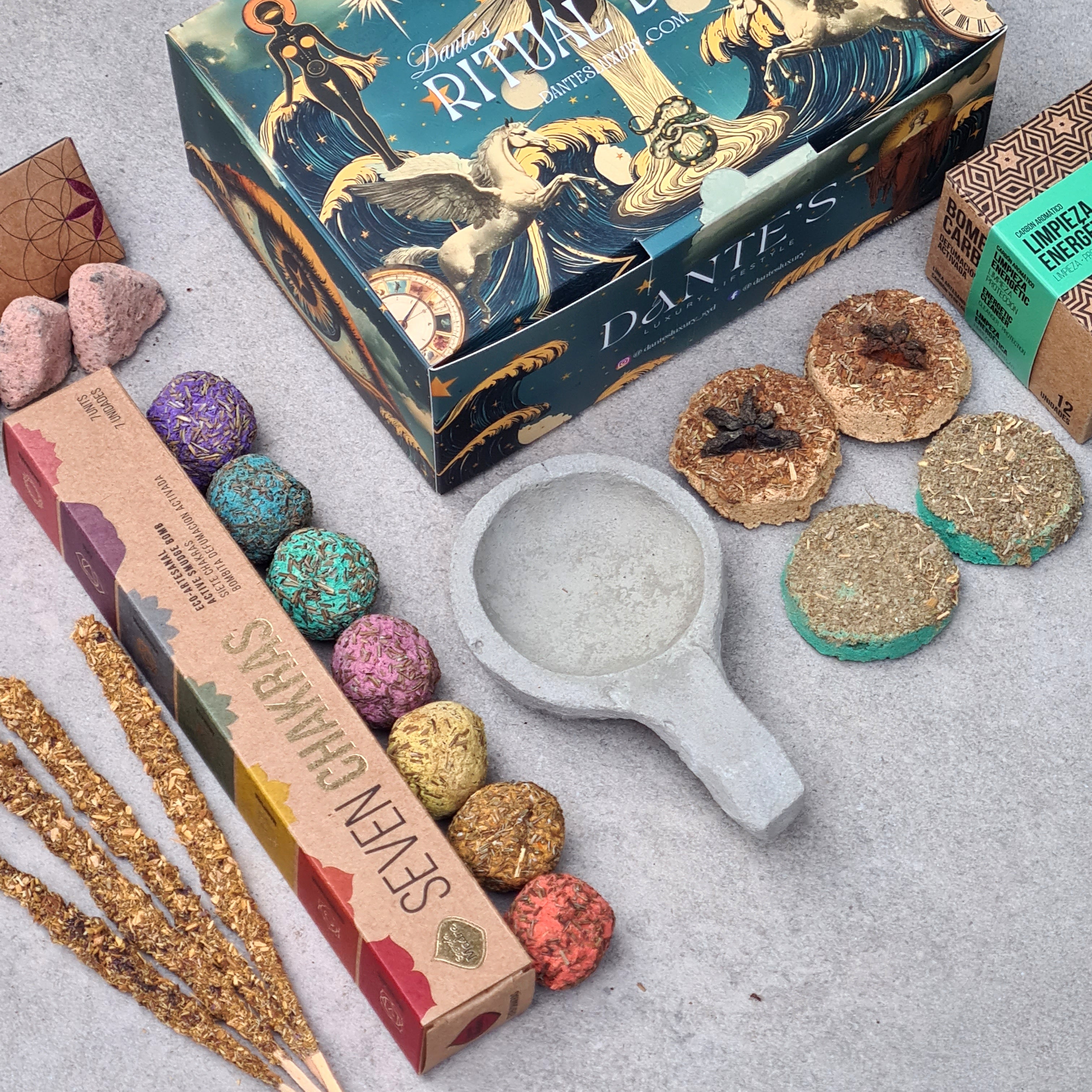 Ultimate Spiritual Cleansing Kit | Chakra Smudge Bombs, Palo Santo Incense, Triangle Incense, Charcoal Discs, Bombas & Burner