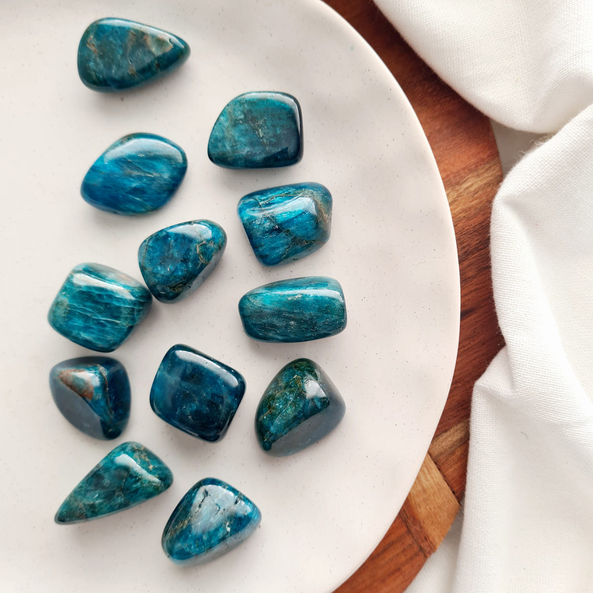 Polished blue-green Apatite tumbles arranged in a pale dish.