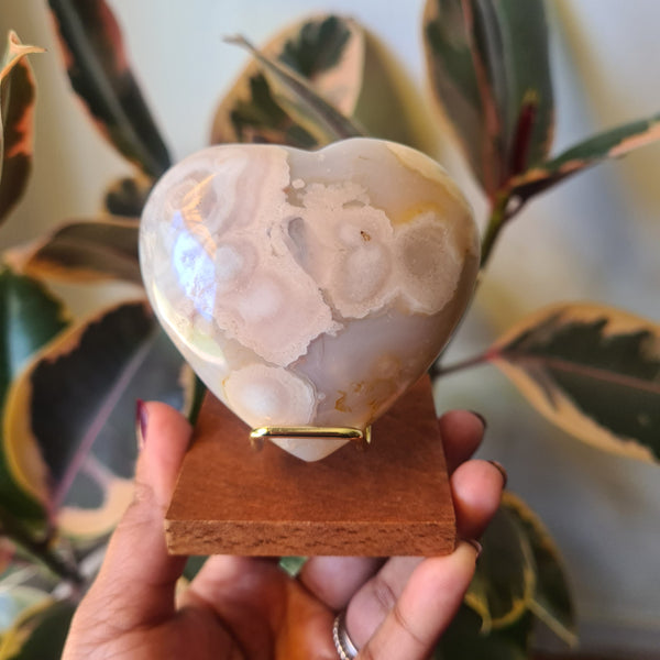 Flower Agate heart with stand ~ 1