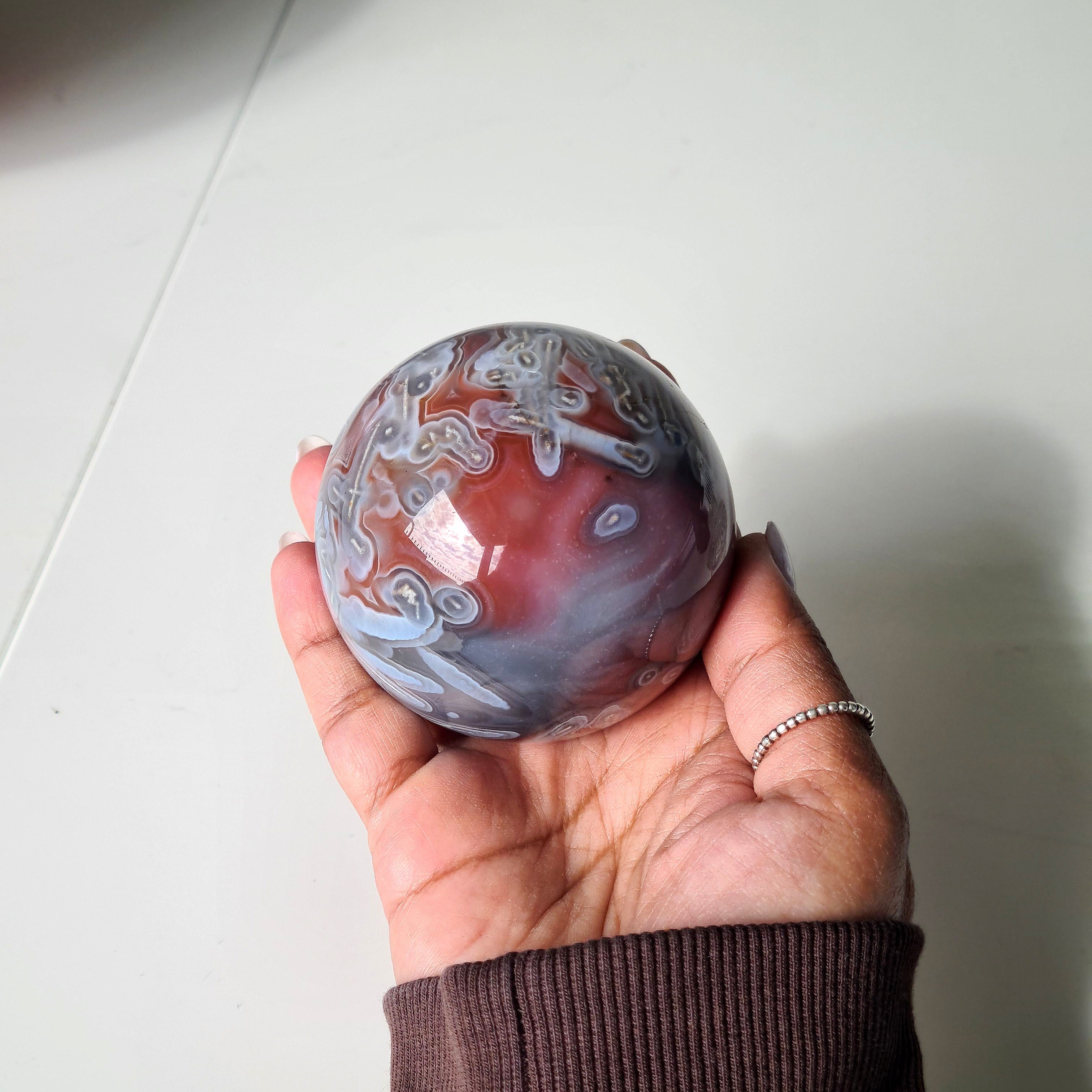 Swazi Agate Sphere with glass stand | A | 406 g | Appx 6.6 cm