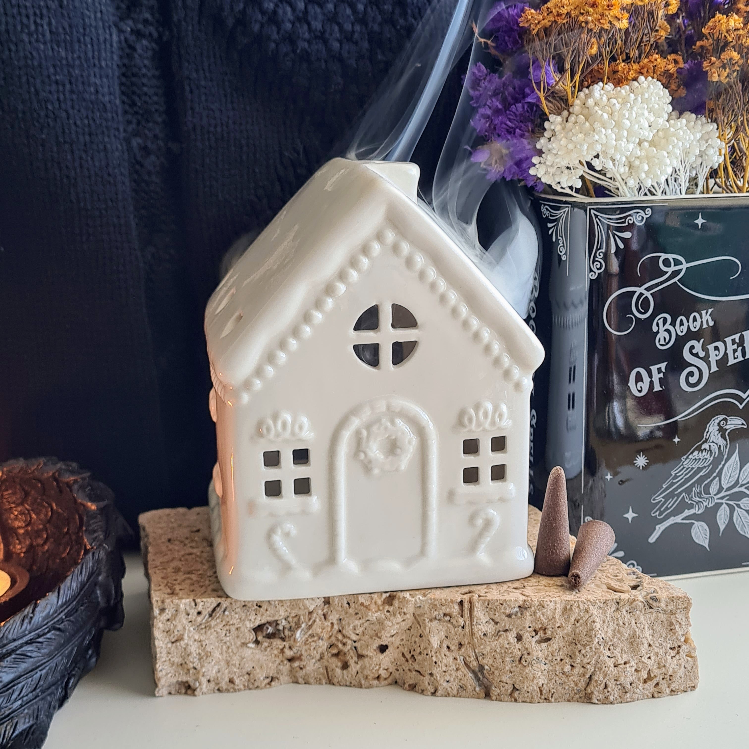 White Winter Cottage| Ceramic Tealight Holder & Cone Burner