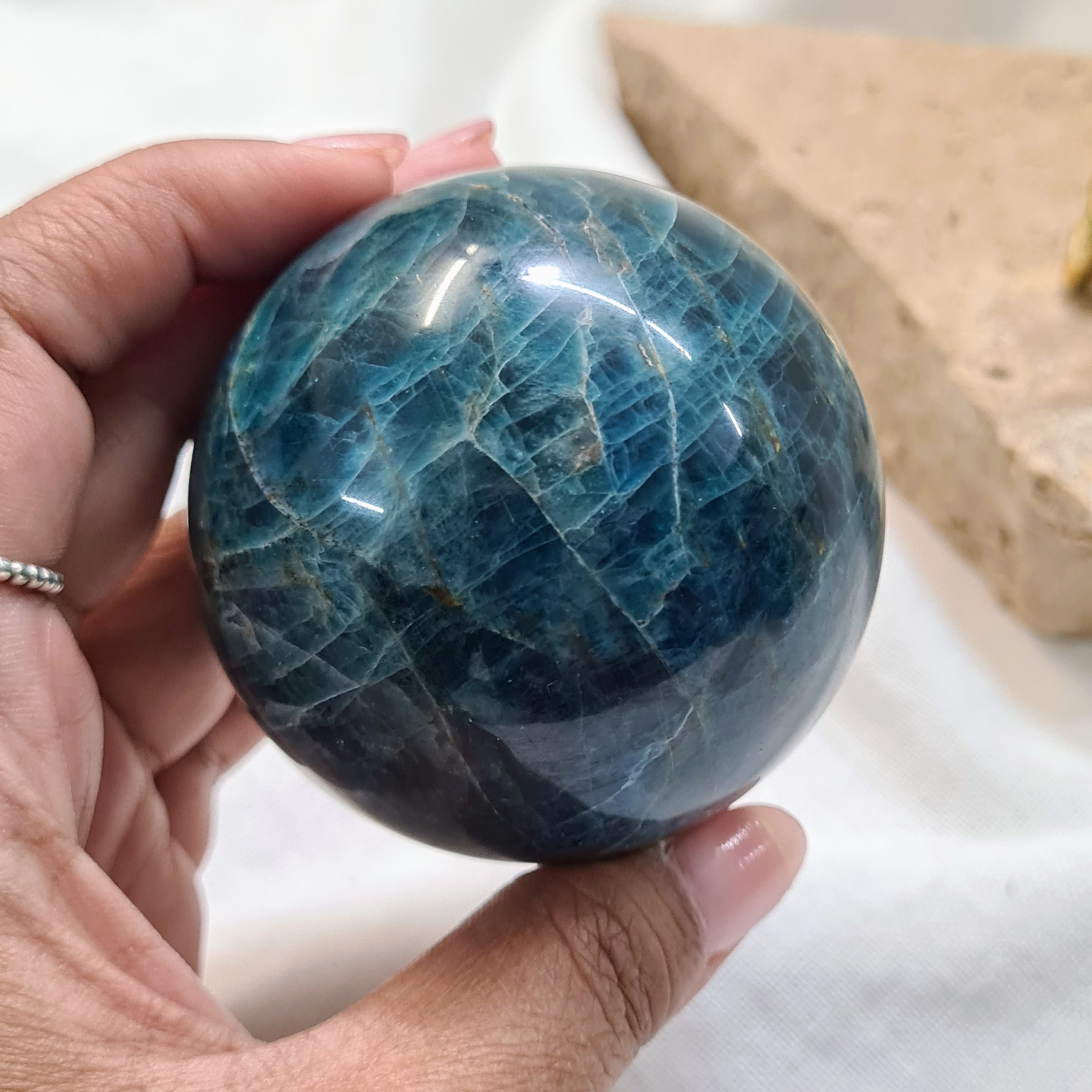 Blue Apatite sphere with brass stand | 344 g