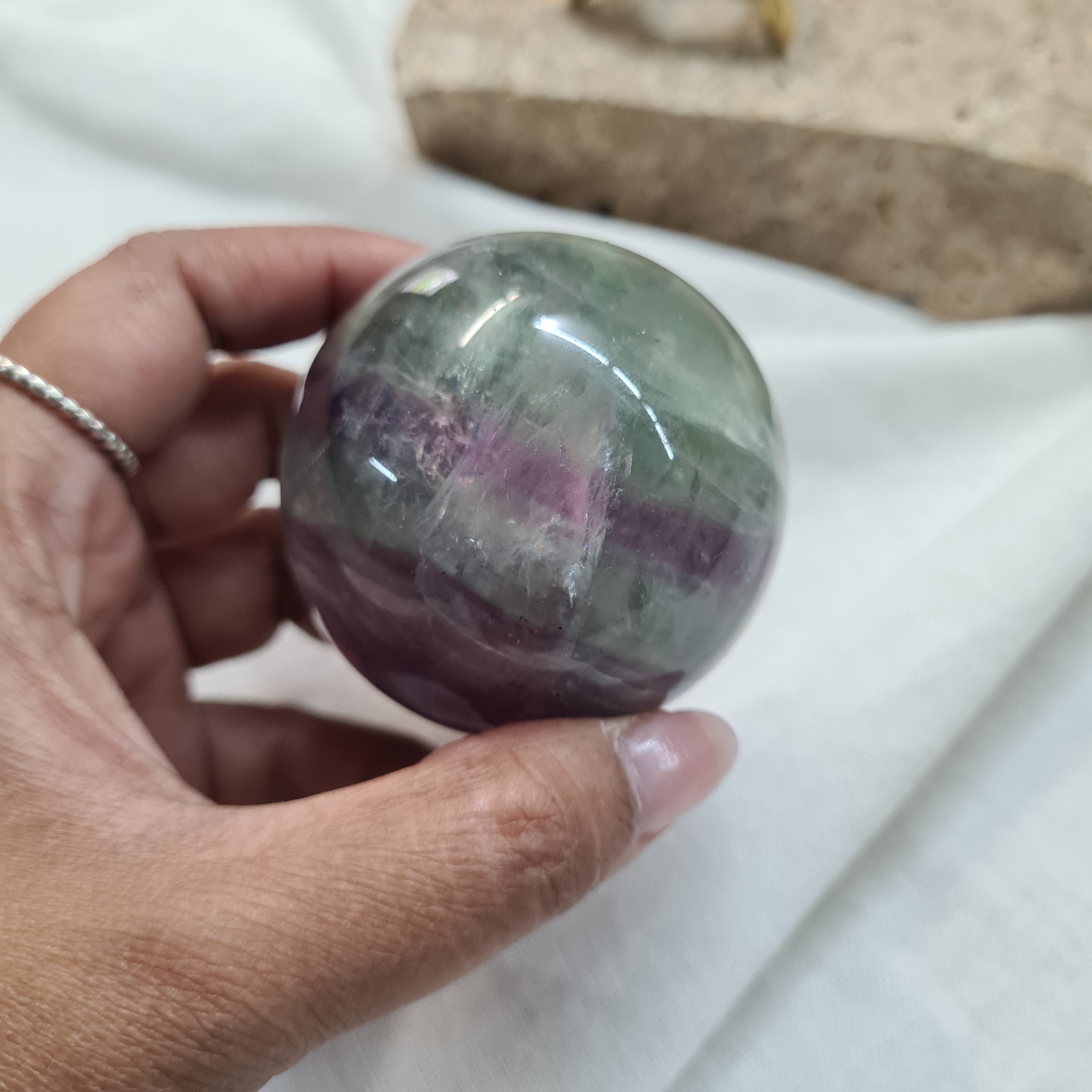 Green & Purple Fluorite Sphere with brass stand | 264 g