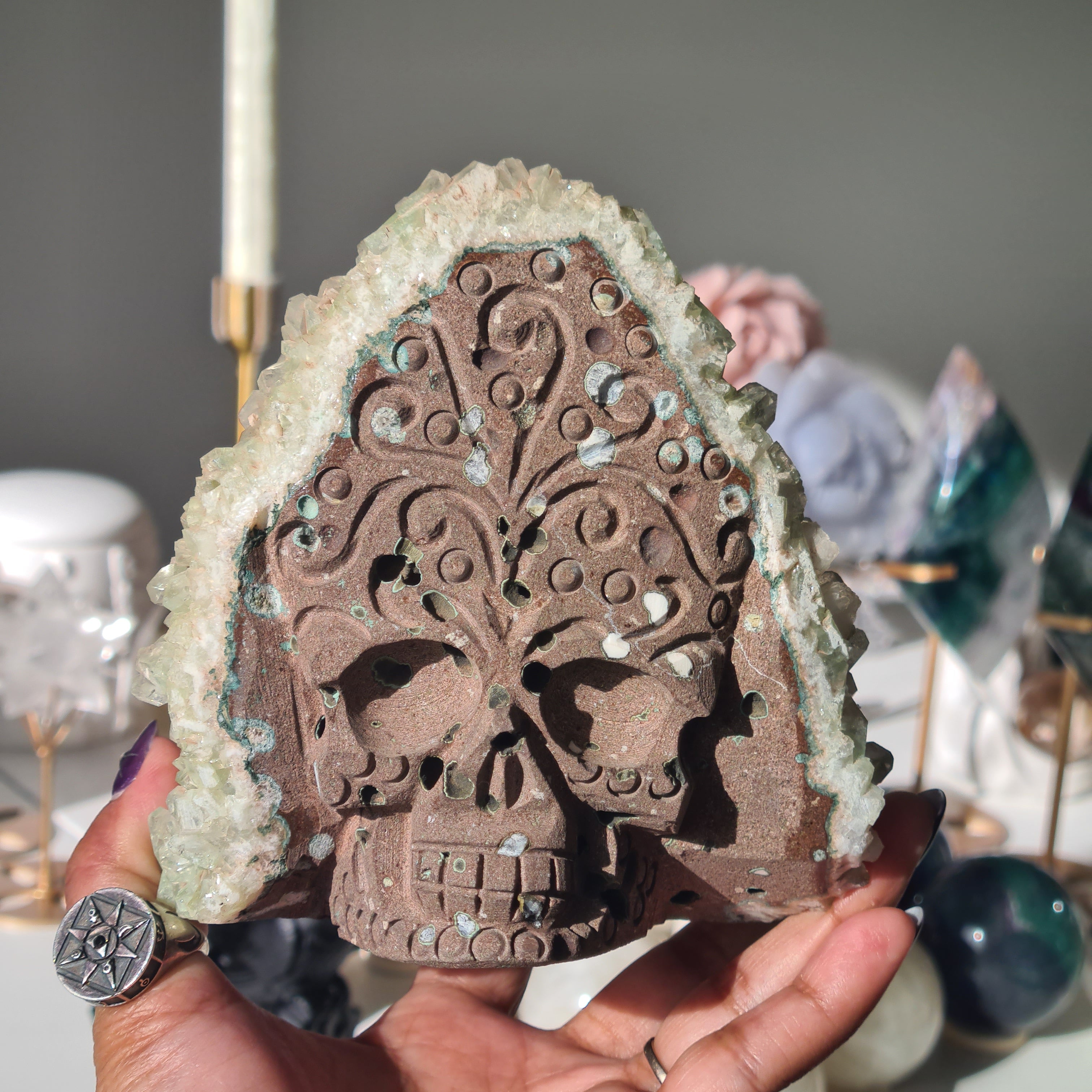 Captain Grimwell | Green Apophyllite Specimen Crusted Skull 💀