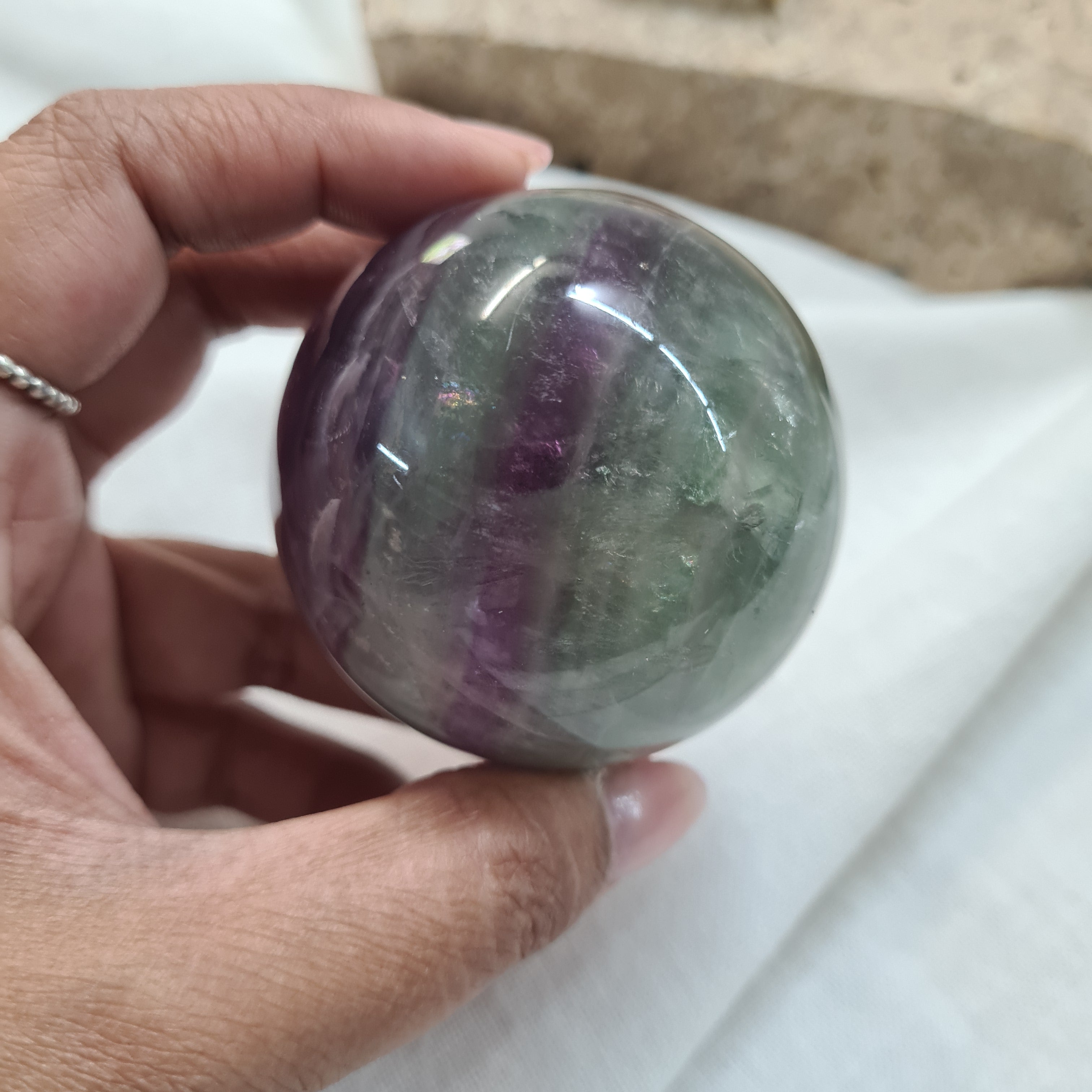 Green & Purple Fluorite Sphere with brass stand | 264 g