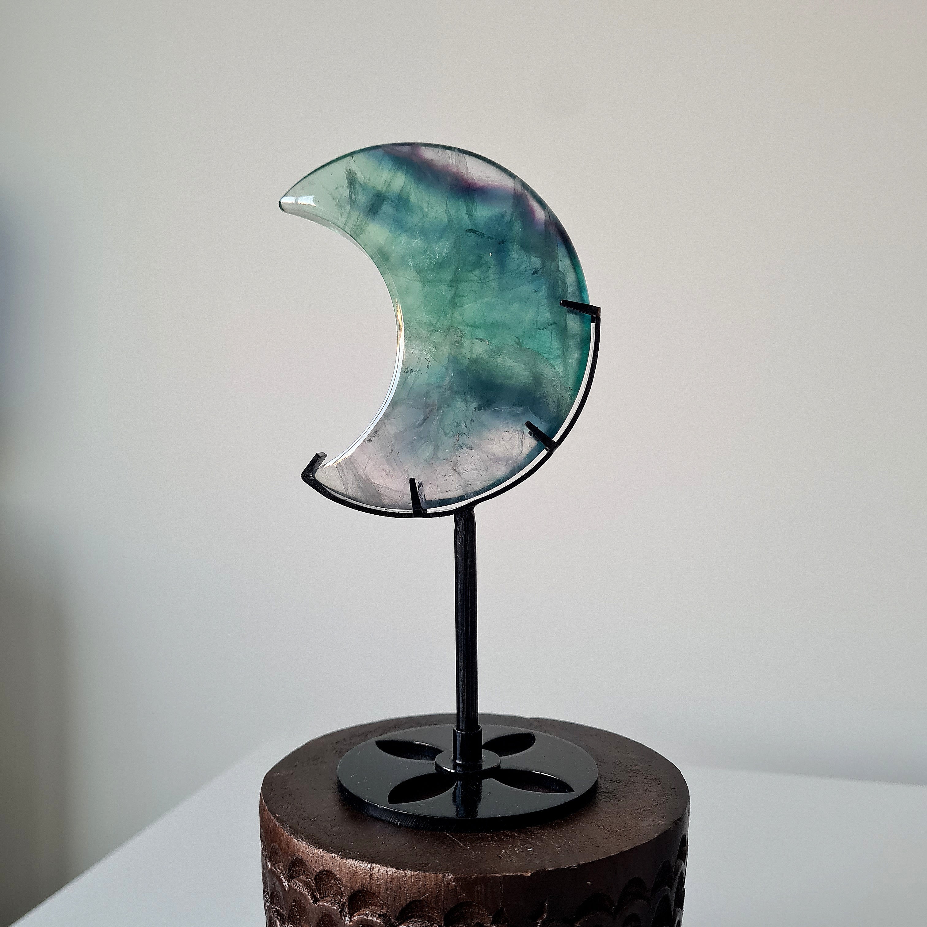 Milky Lane Fluorite Crescent Moon 🌙  Carving on Stand | E
