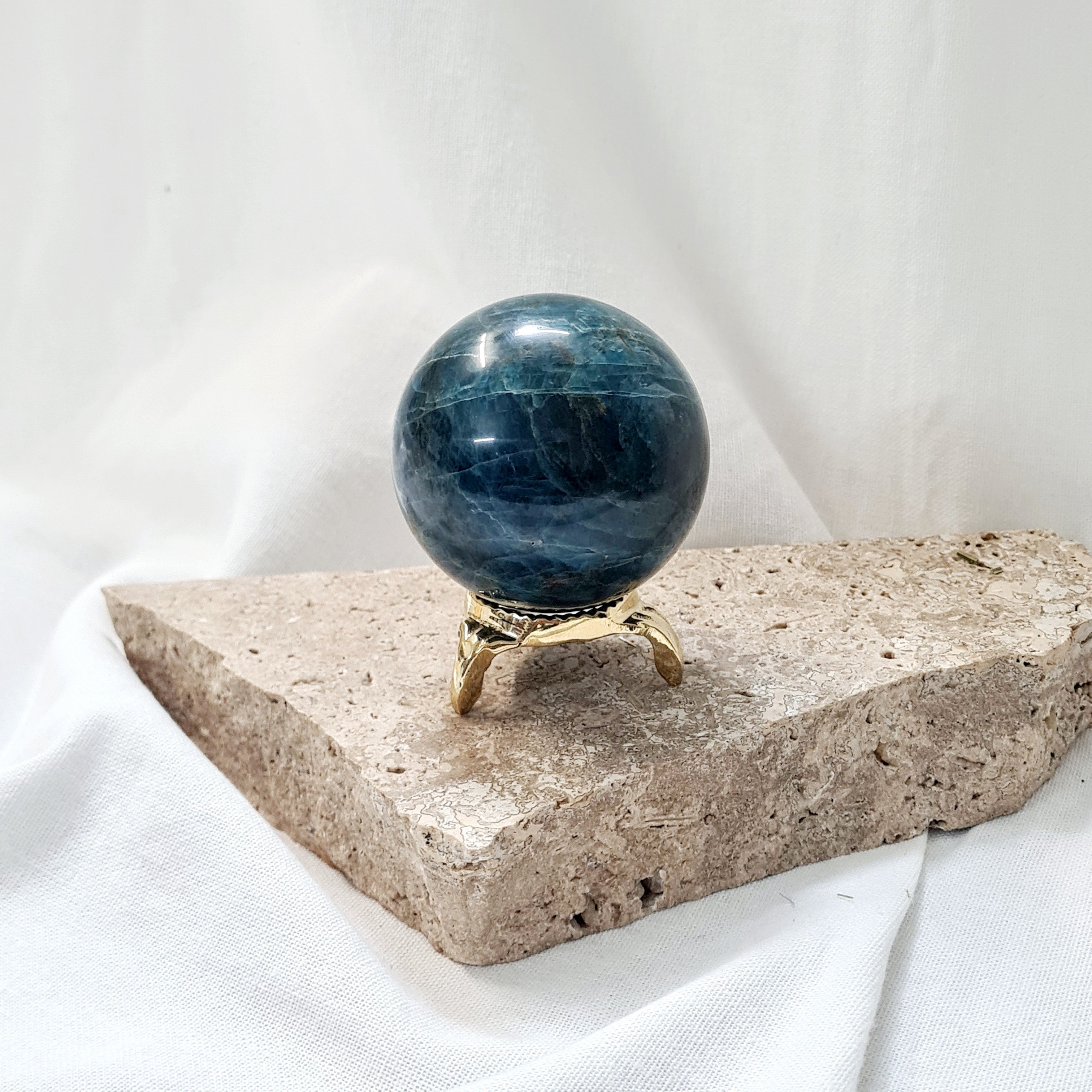 Blue Apatite sphere with brass stand | 344 g