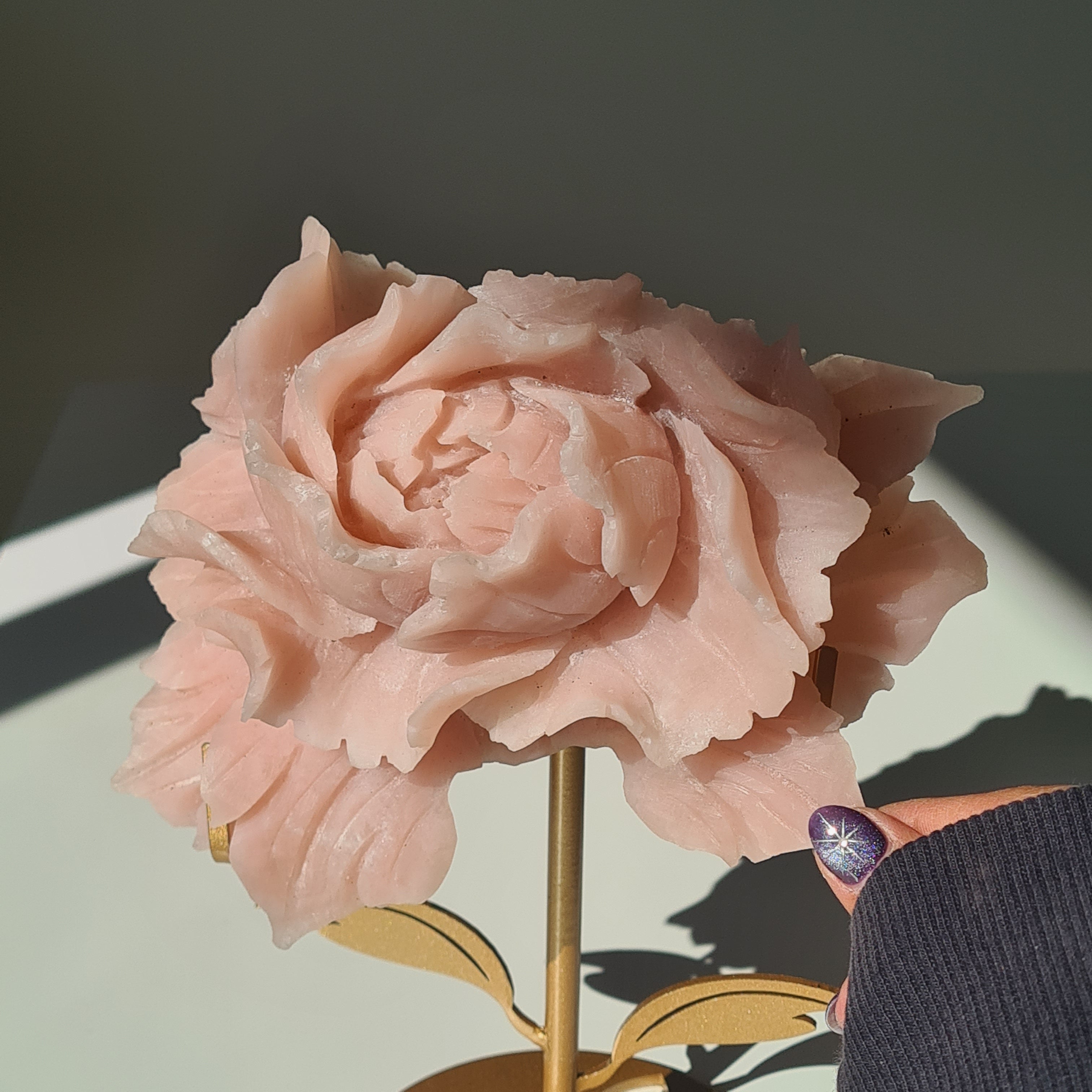 Pink Opal Crystal Flower Carving frosted finish on stand