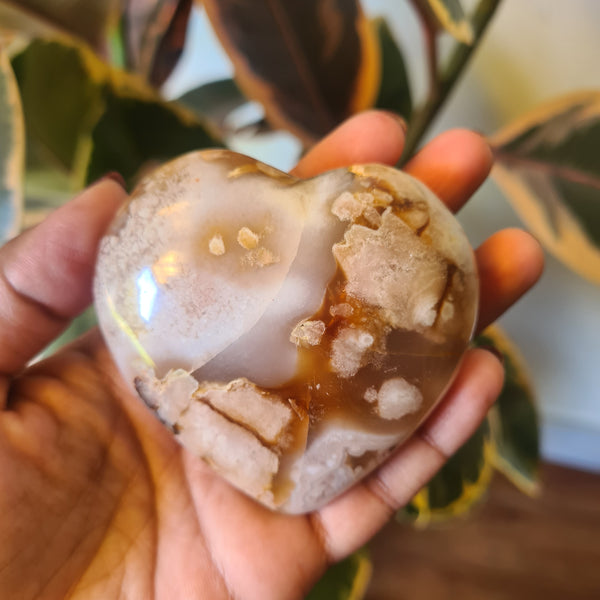 Flower Agate heart with stand ~ 4