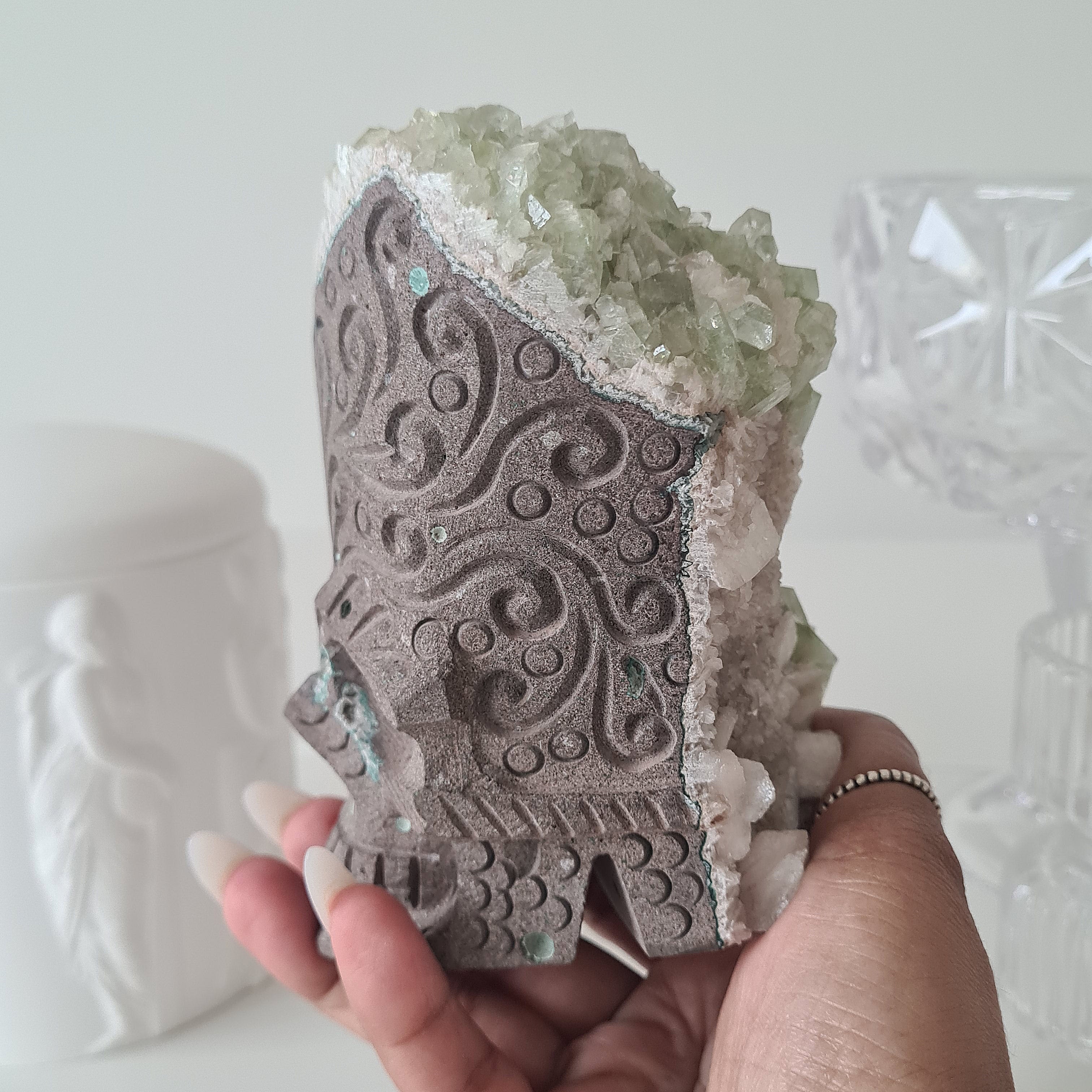 Skull Carving with Apophyllite & Stilbite inclusion