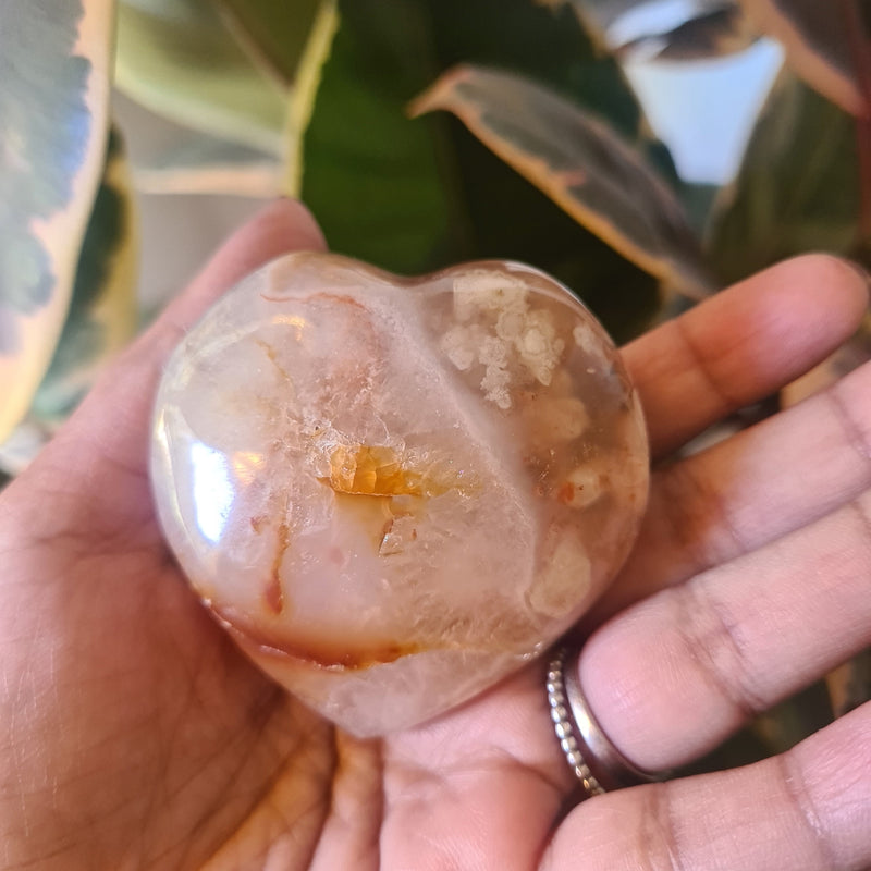 Flower Agate heart with stand ~ 10