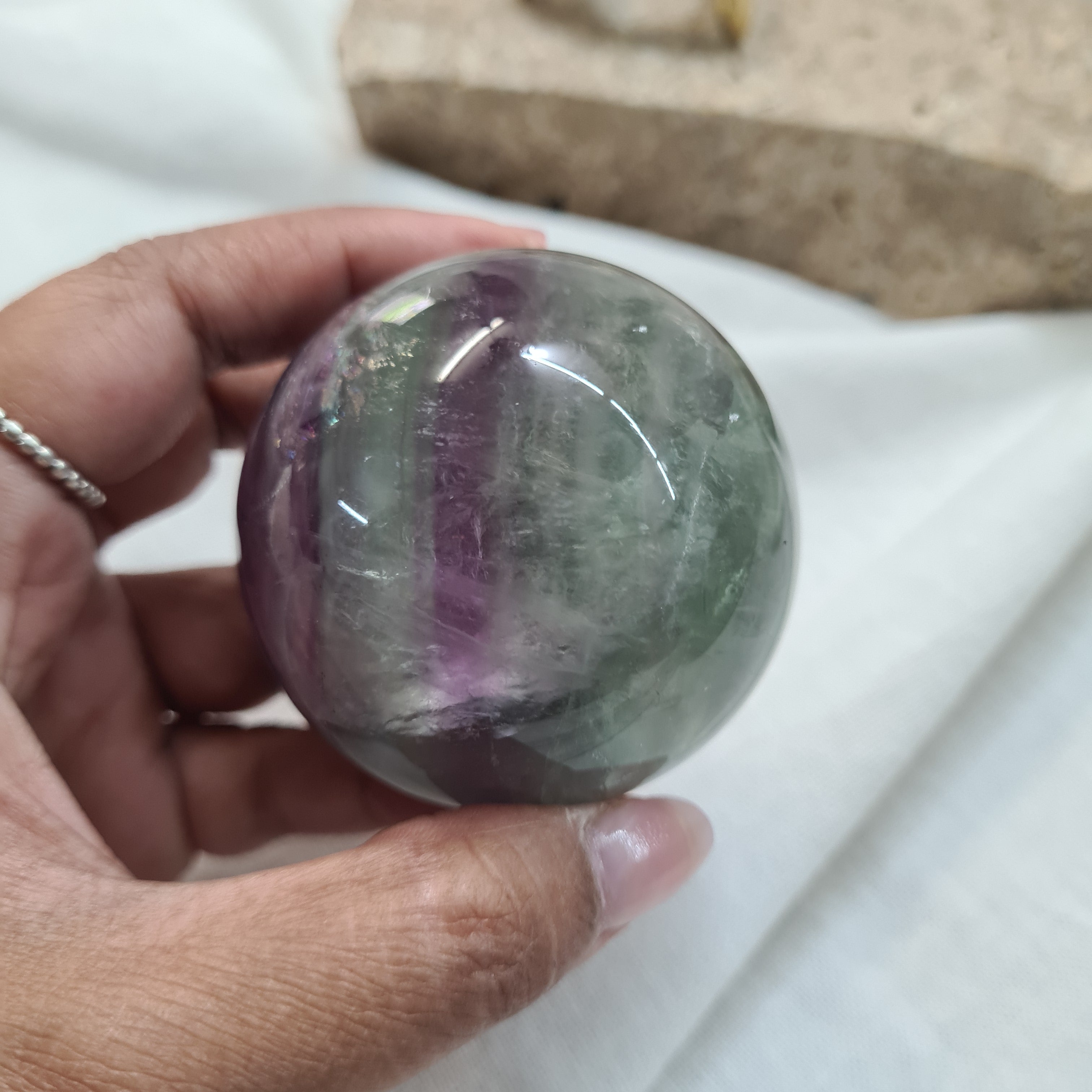 Green & Purple Fluorite Sphere with brass stand | 264 g