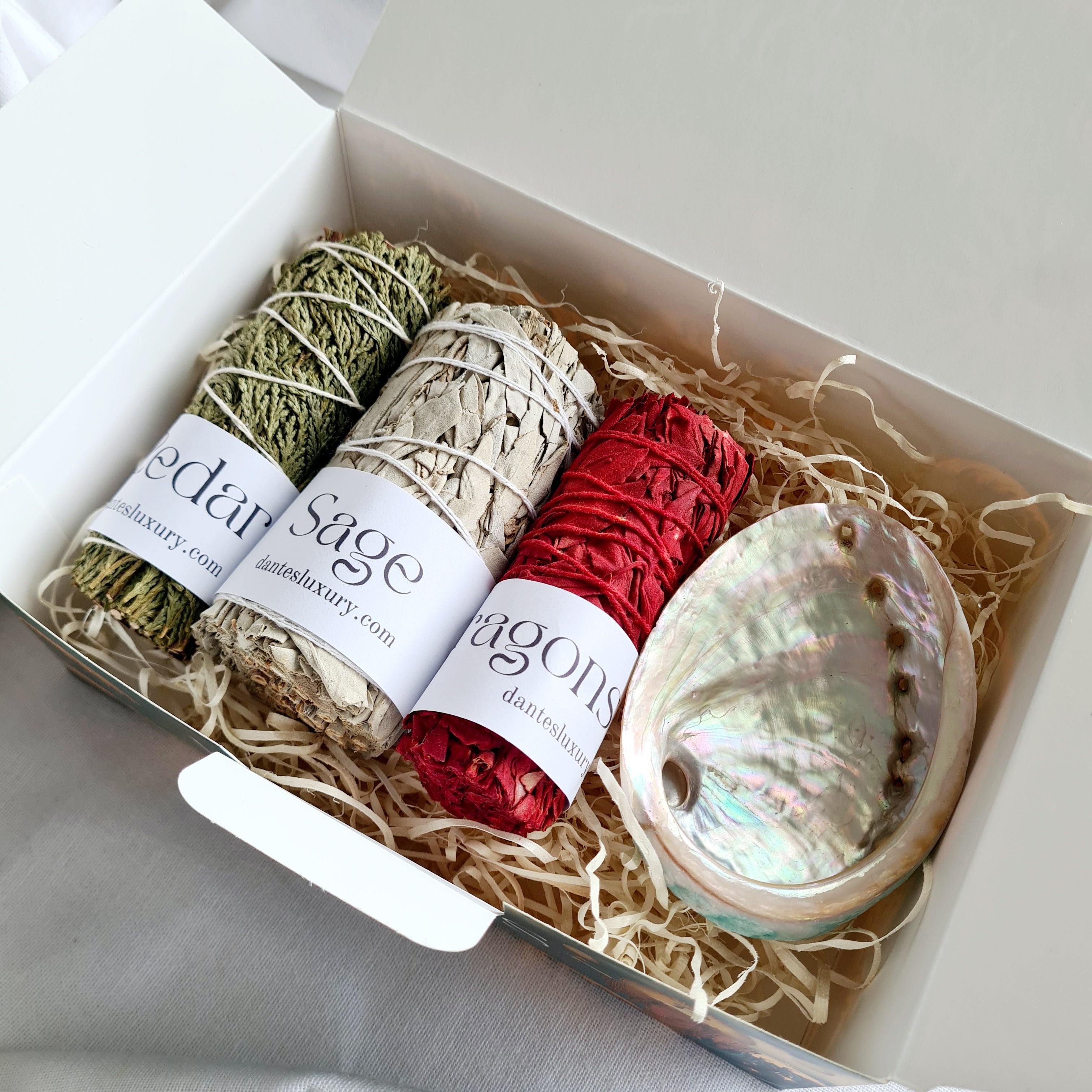 Spiritual Smudging Bundle with Abalone Shell, Sage, Cedar & Dragon’s Blood Smudge Stick