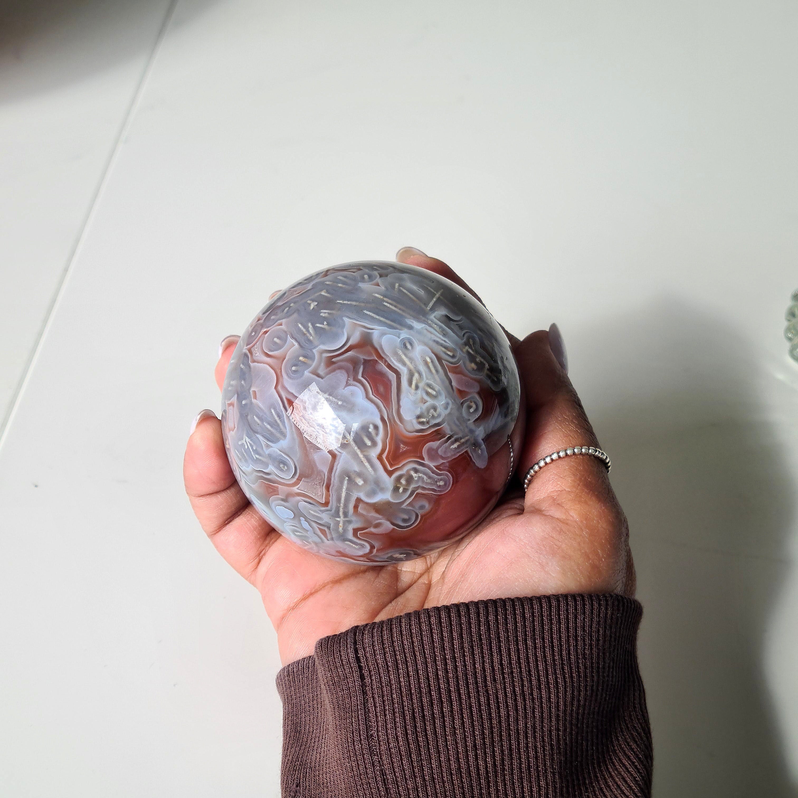 Swazi Agate Sphere with glass stand | A | 406 g | Appx 6.6 cm