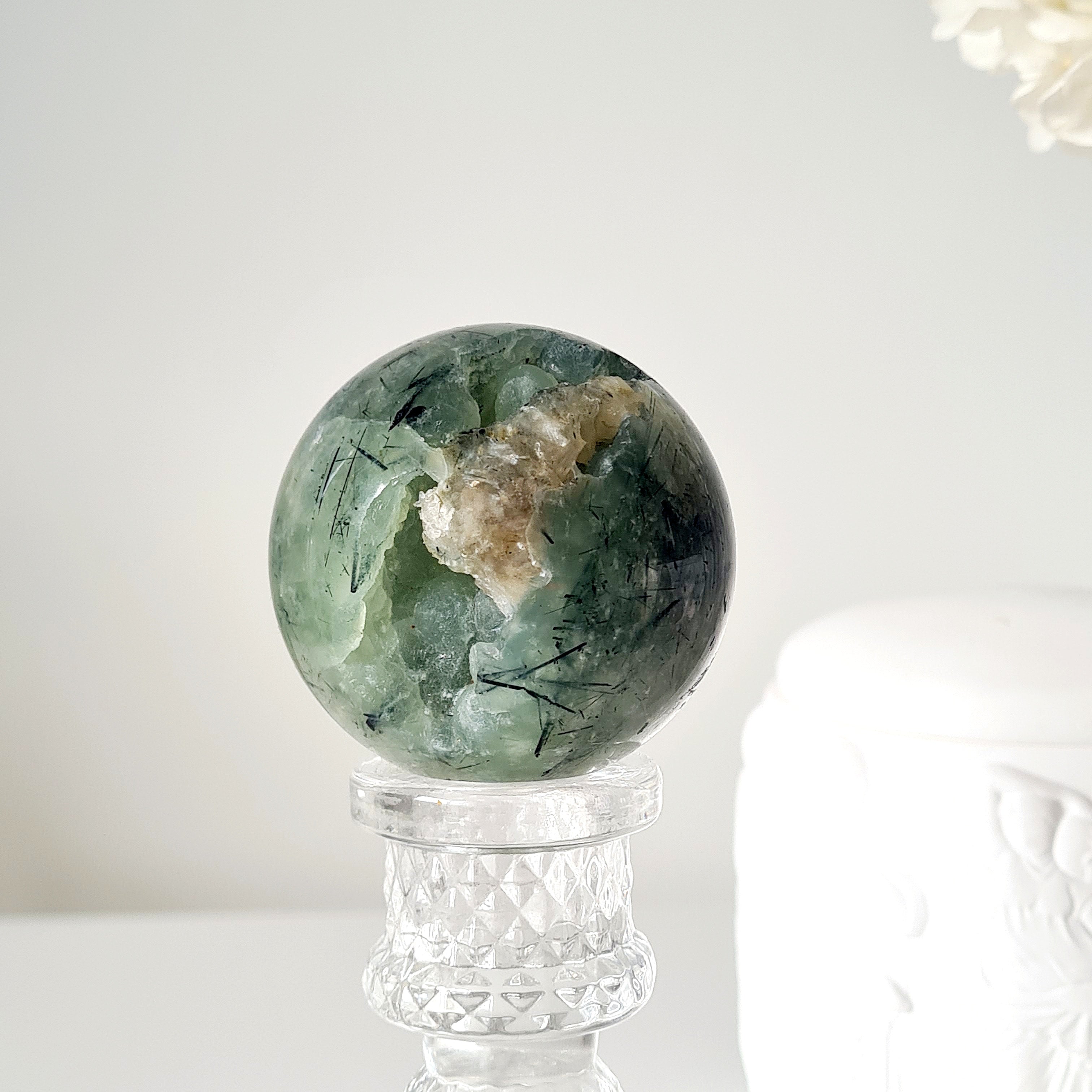 Prehnite with Epidote Crystal Sphere with Stand | A | 203 4