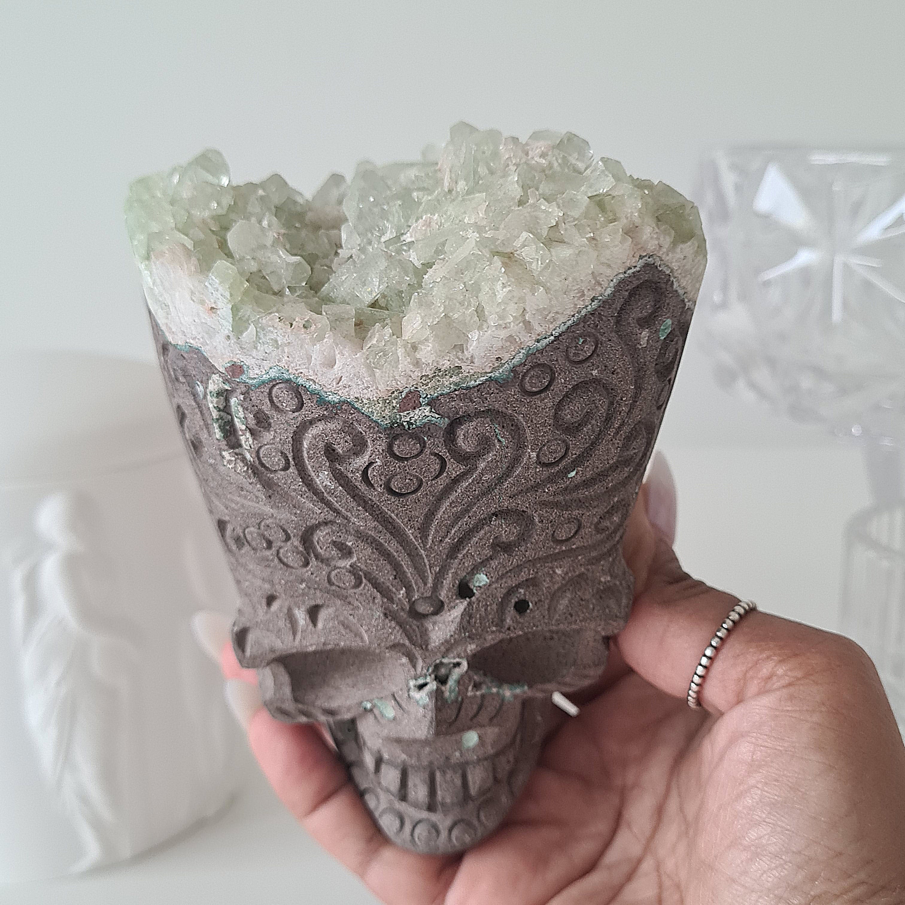 Skull Carving with Apophyllite & Stilbite inclusion