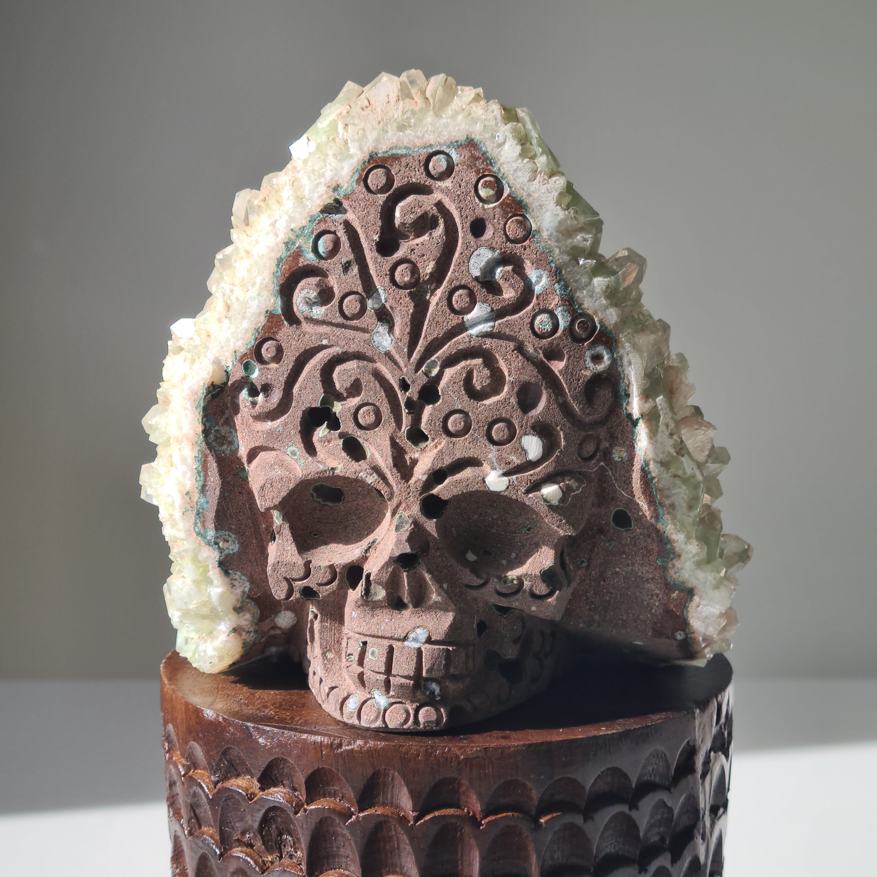 Captain Grimwell | Green Apophyllite Specimen Crusted Skull 💀