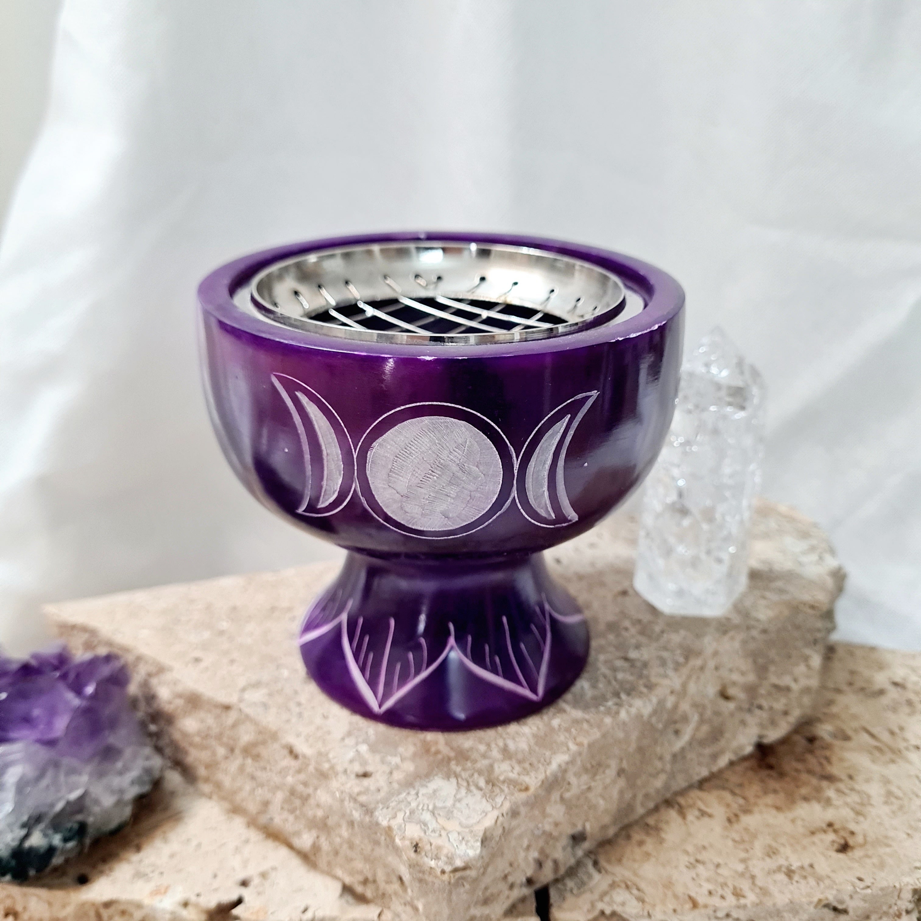 Soapstone Incense Burner | Triple Moon (Purple)