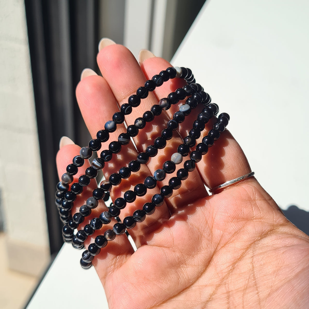 Banded Black Agate crystal beaded bracelet | 1 piece
