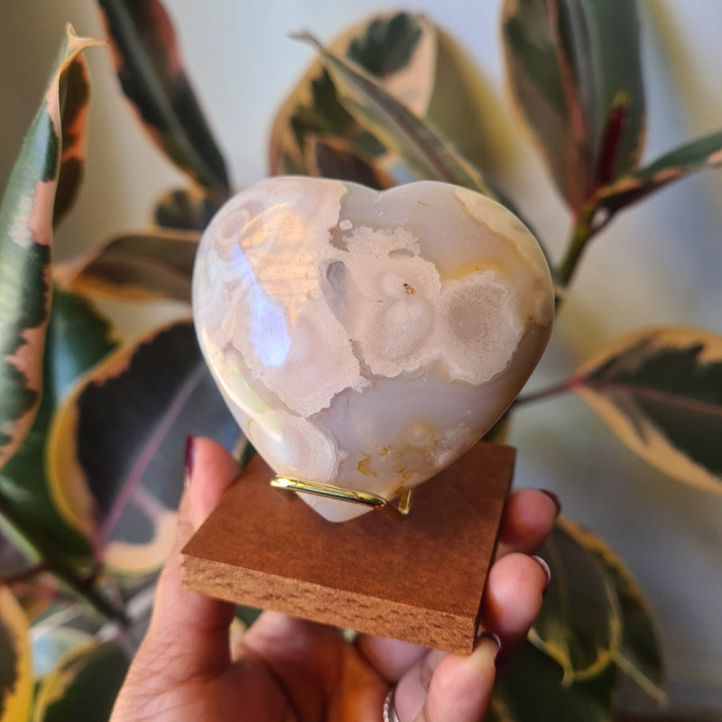 Flower Agate heart with stand ~ 1