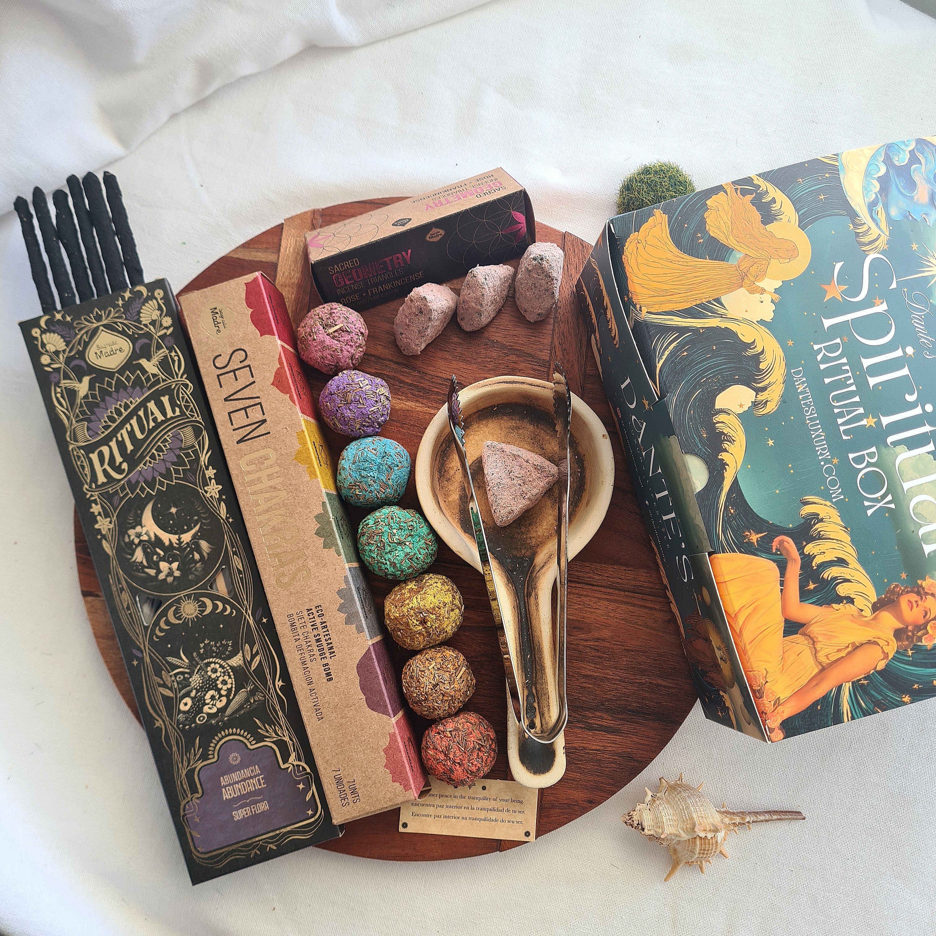 Chakra Abundance Ritual Kit – Handmade Burner, Smudge Bombs, Rose Incense Triangle, Abundance Incense & Metal Tong