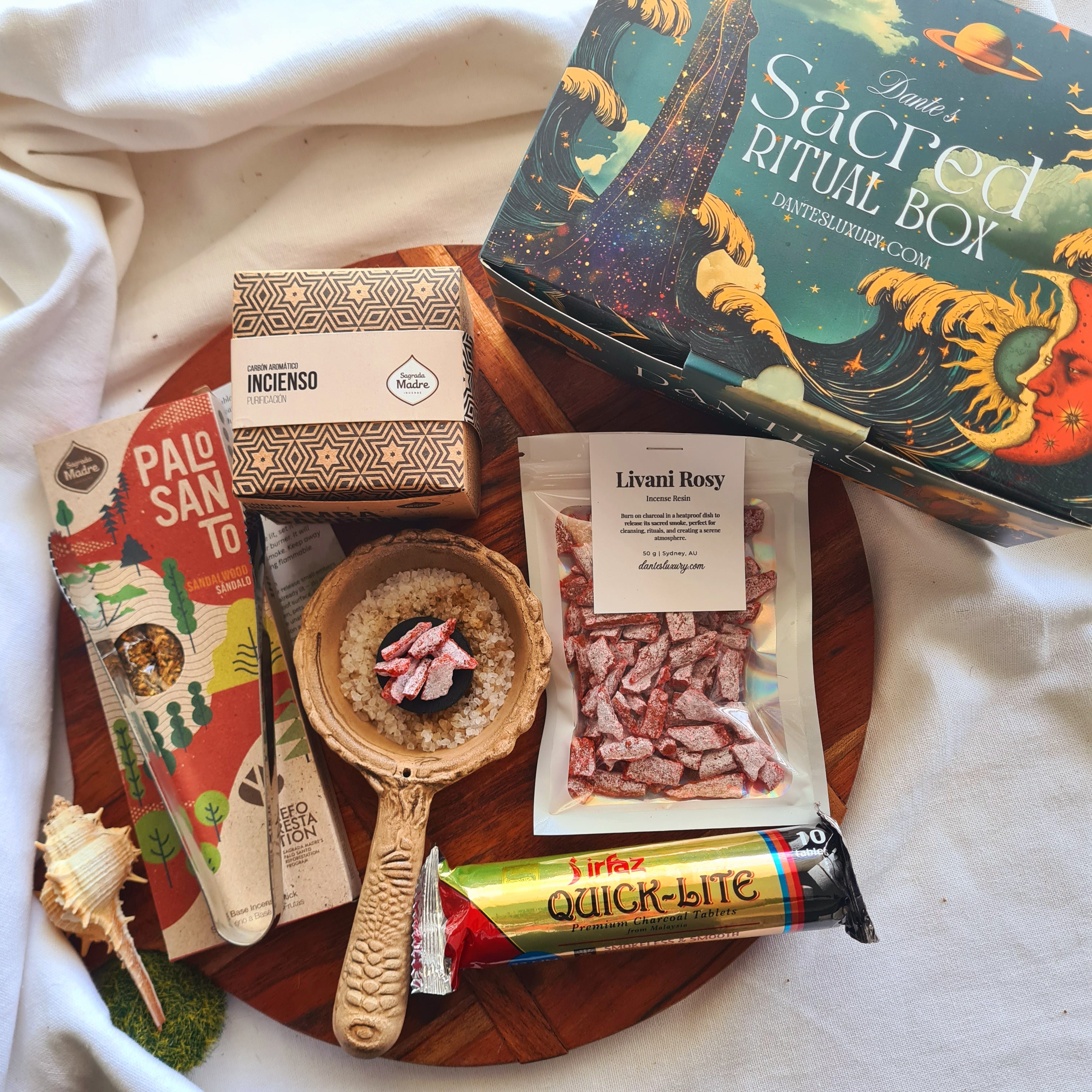 Bless Me Home Ritual Kit | Burner, Frankincense Bombas, Livani Rosy Resin, Tong & Palo Santo Sandalwood Incense