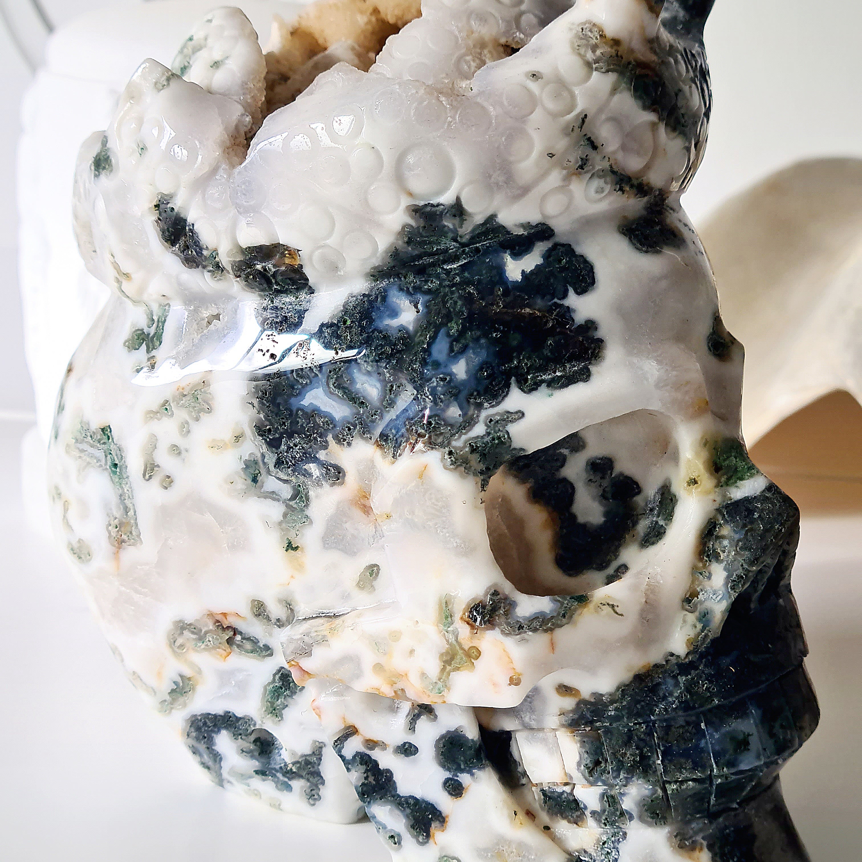 The last King | Moss Agate Skull Carving | 2.4 kg