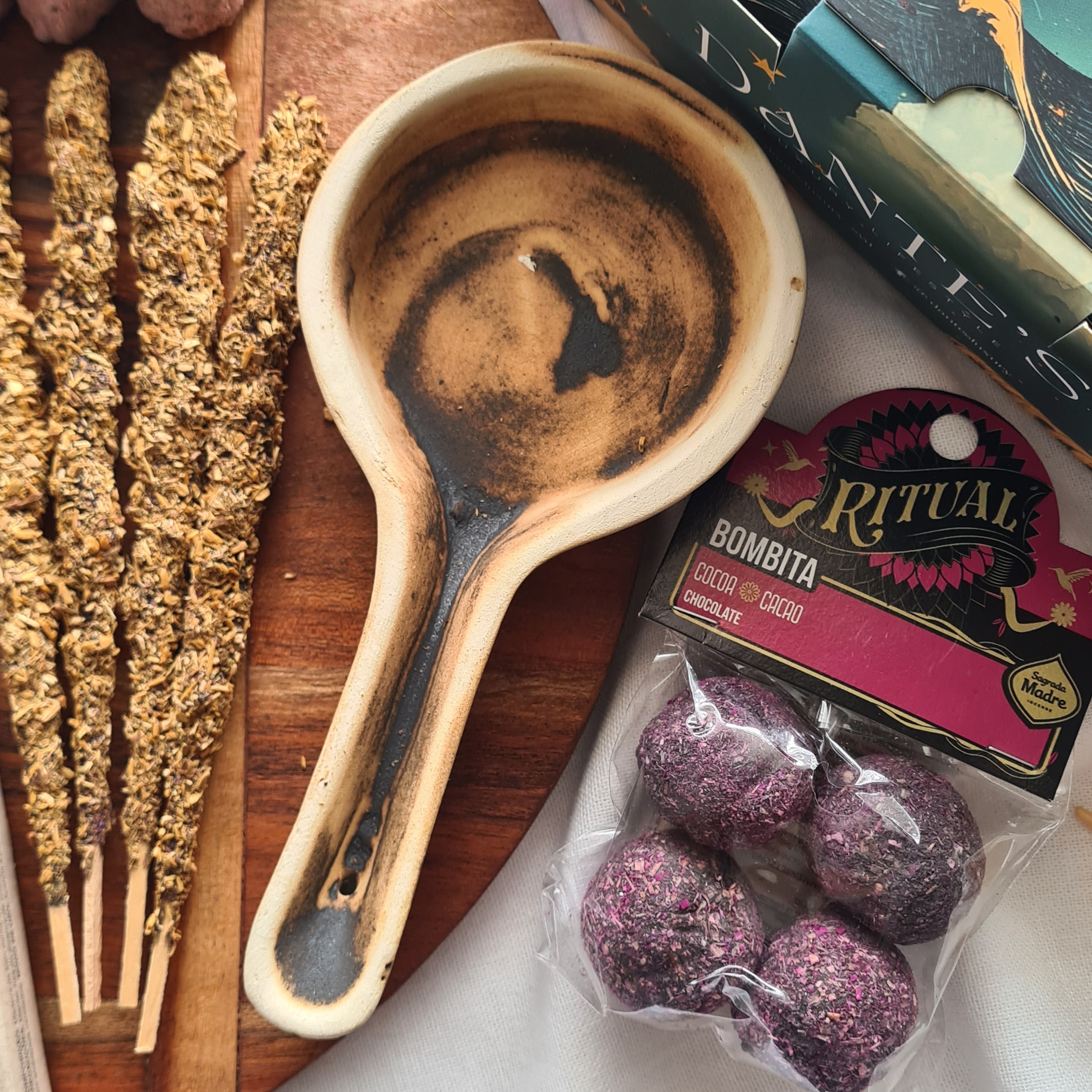 Sacred Ritual Kit | Artisan Burner, Pure Palo Santo Incense, Cacao Ceremony Bombitas & Sacred Rose Triangle