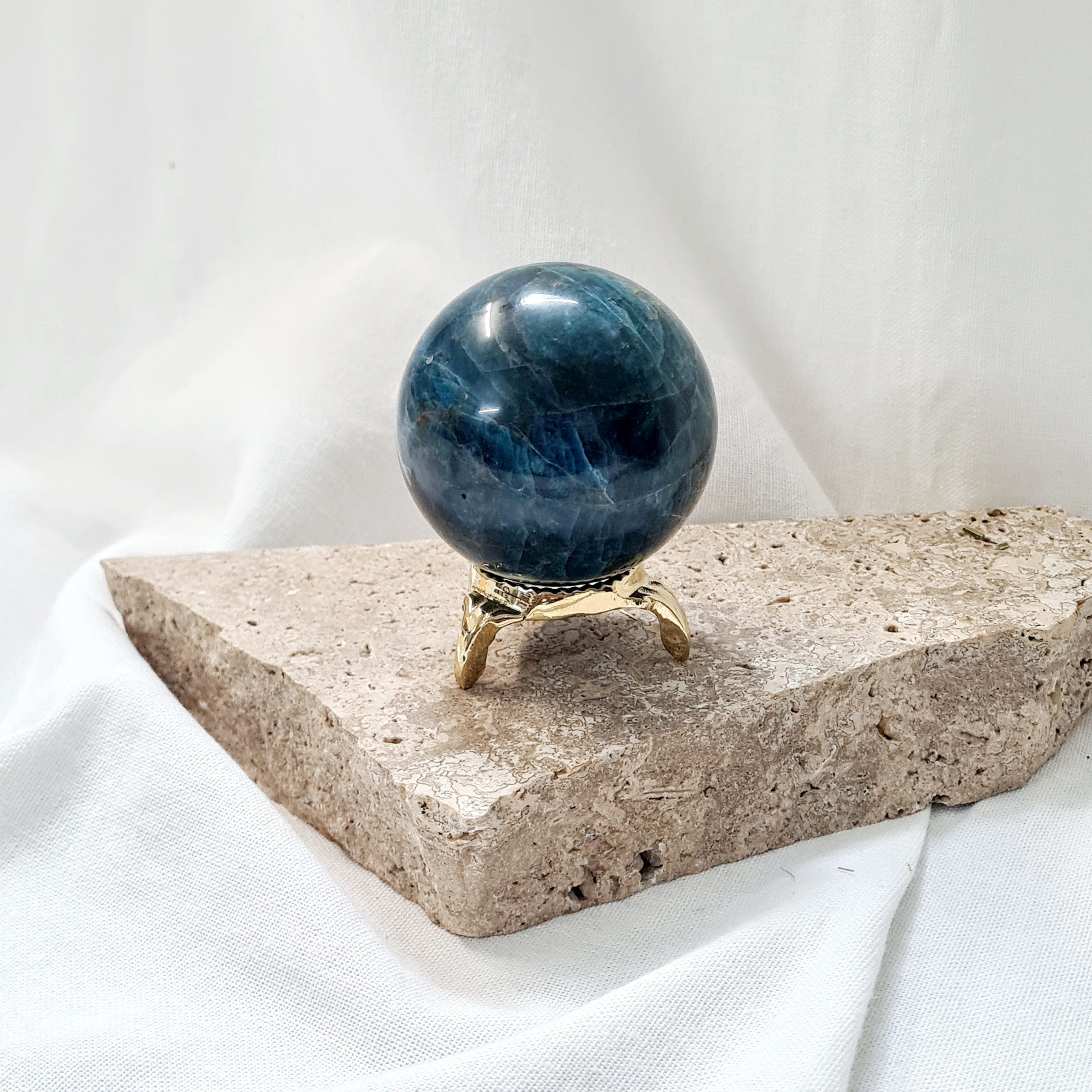 Blue Apatite sphere with brass stand | 344 g