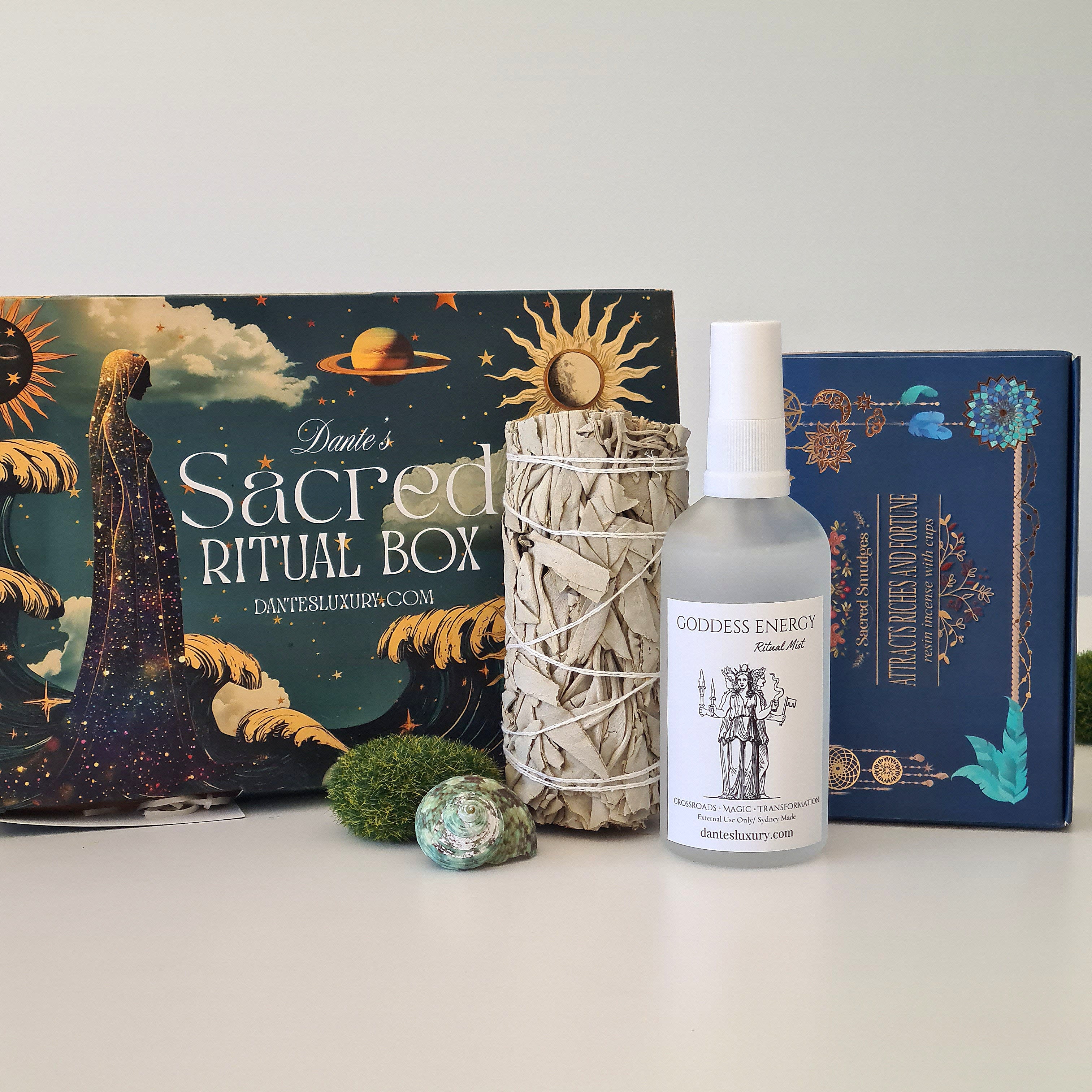 Goddess Ritual Kit | Goddess Mist, Attract Riches Smudge Cups & Sage Smudge Stick