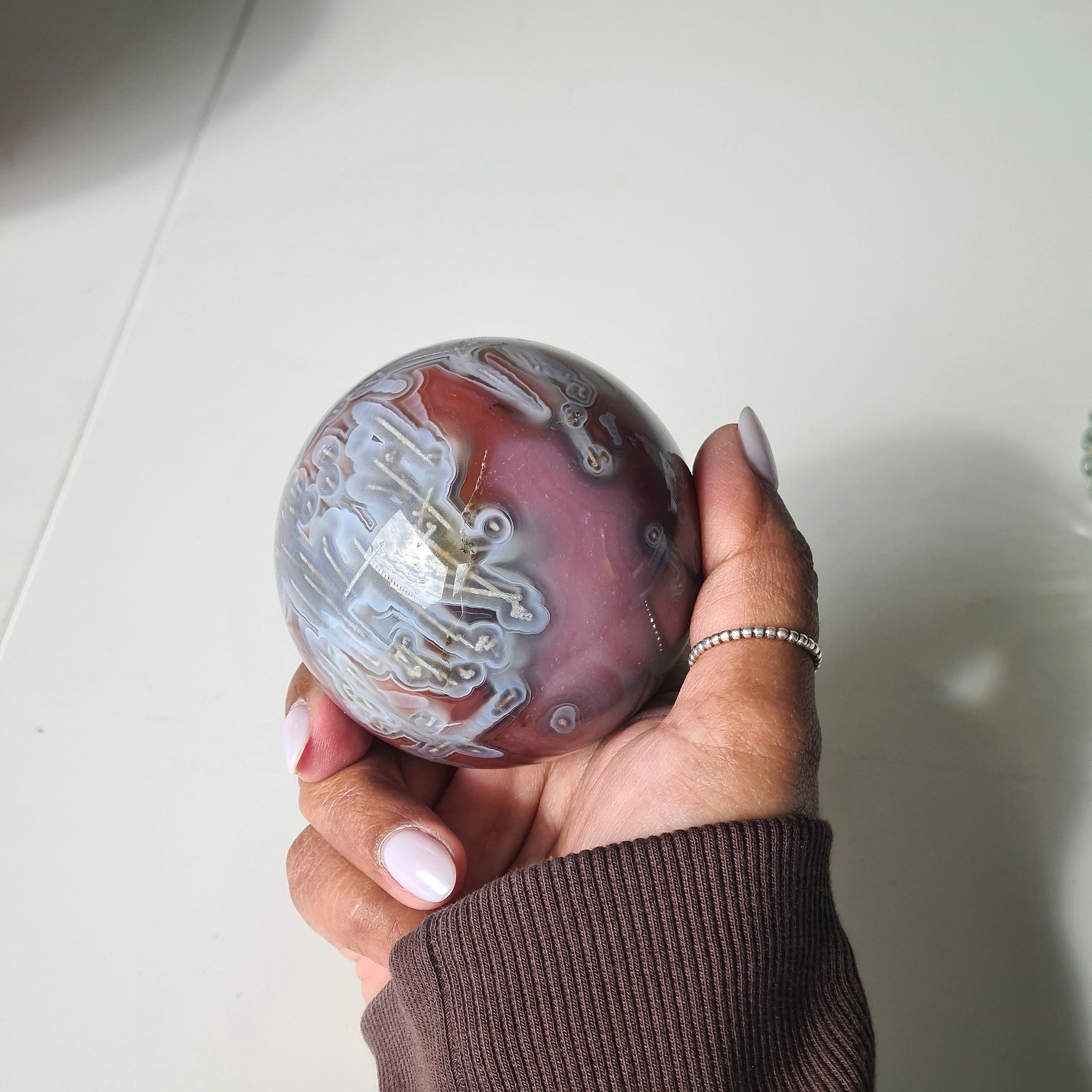Swazi Agate Sphere with glass stand | A | 406 g | Appx 6.6 cm