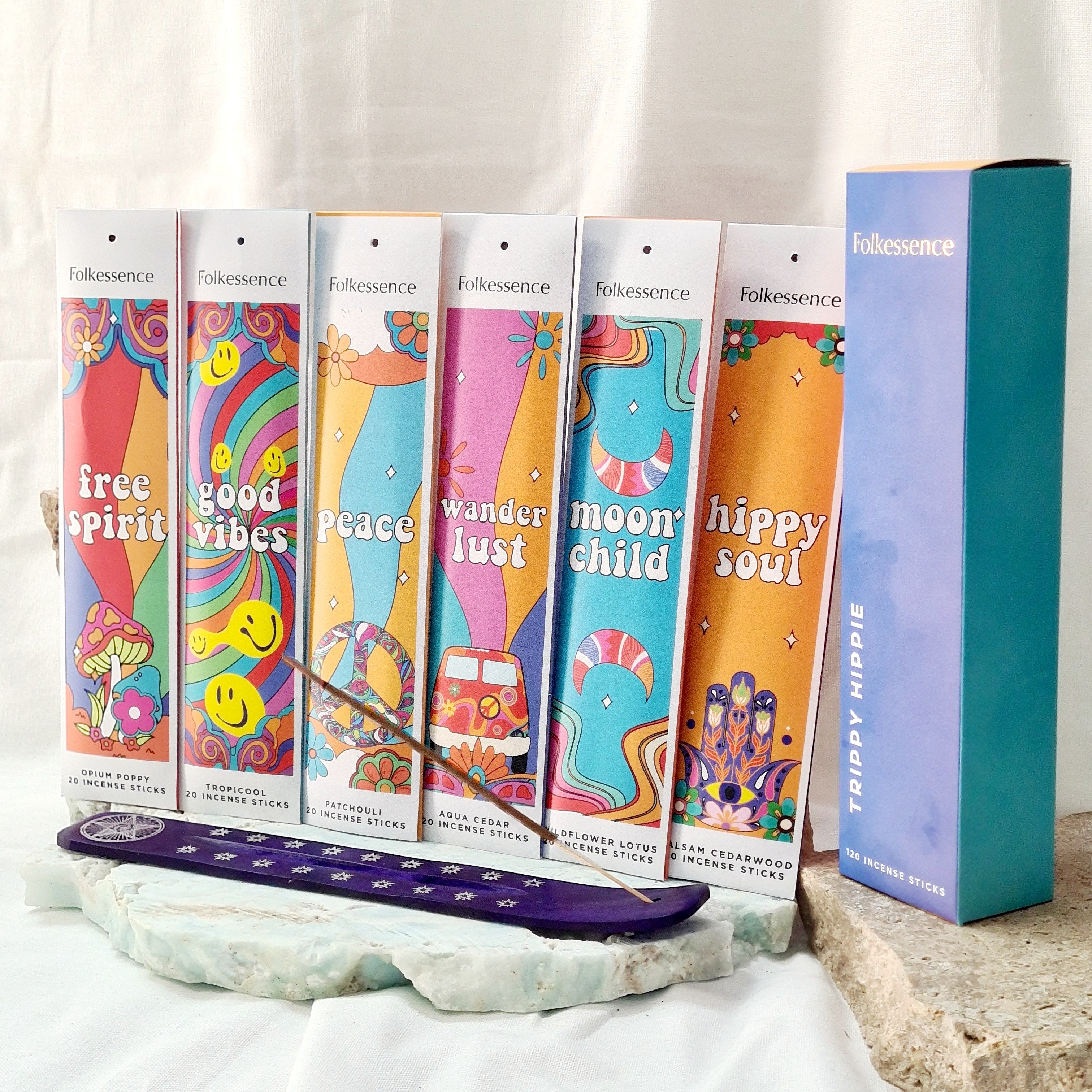 Trippy Hippie Incense Gift Pack  | 120 Sticks with Burner