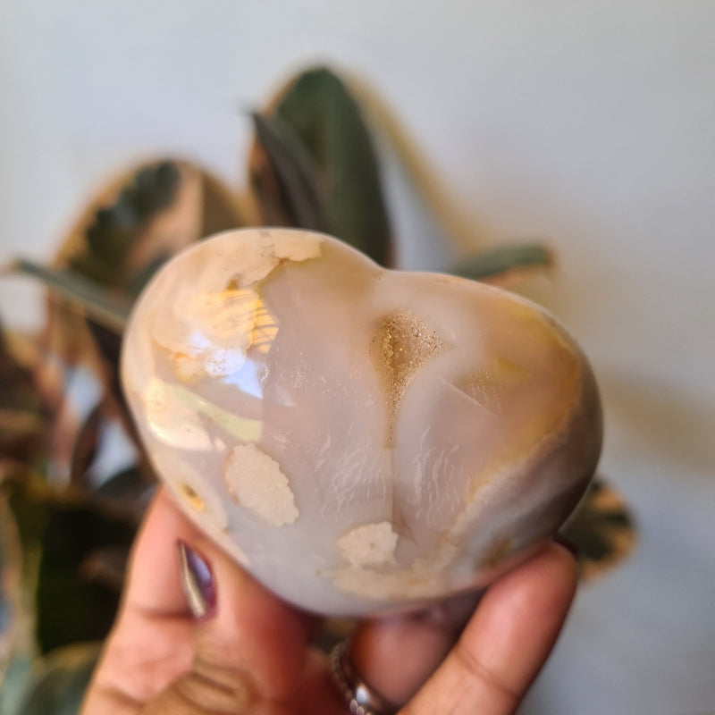 Flower Agate heart with stand ~ 1