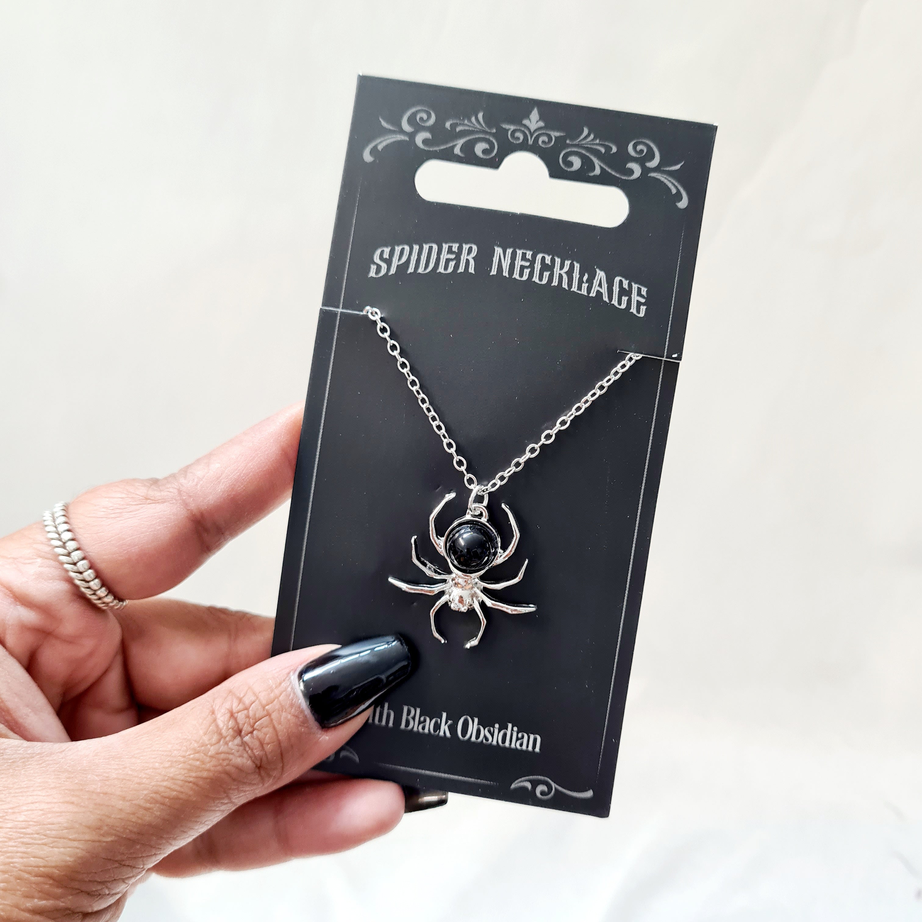 Spider Pendant Necklace With Black Obsidian