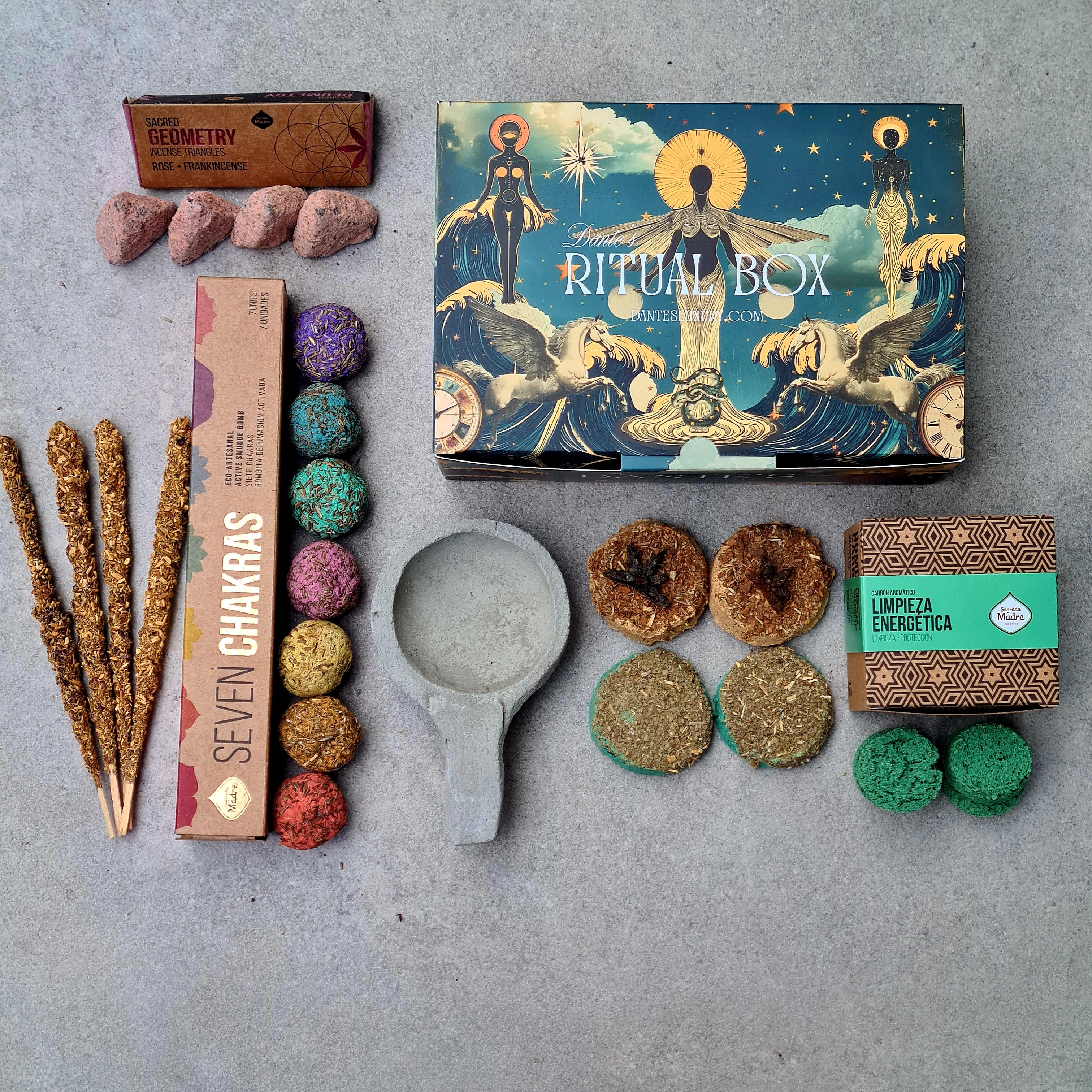Ultimate Spiritual Cleansing Kit | Chakra Smudge Bombs, Palo Santo Incense, Triangle Incense, Charcoal Discs, Bombas & Burner