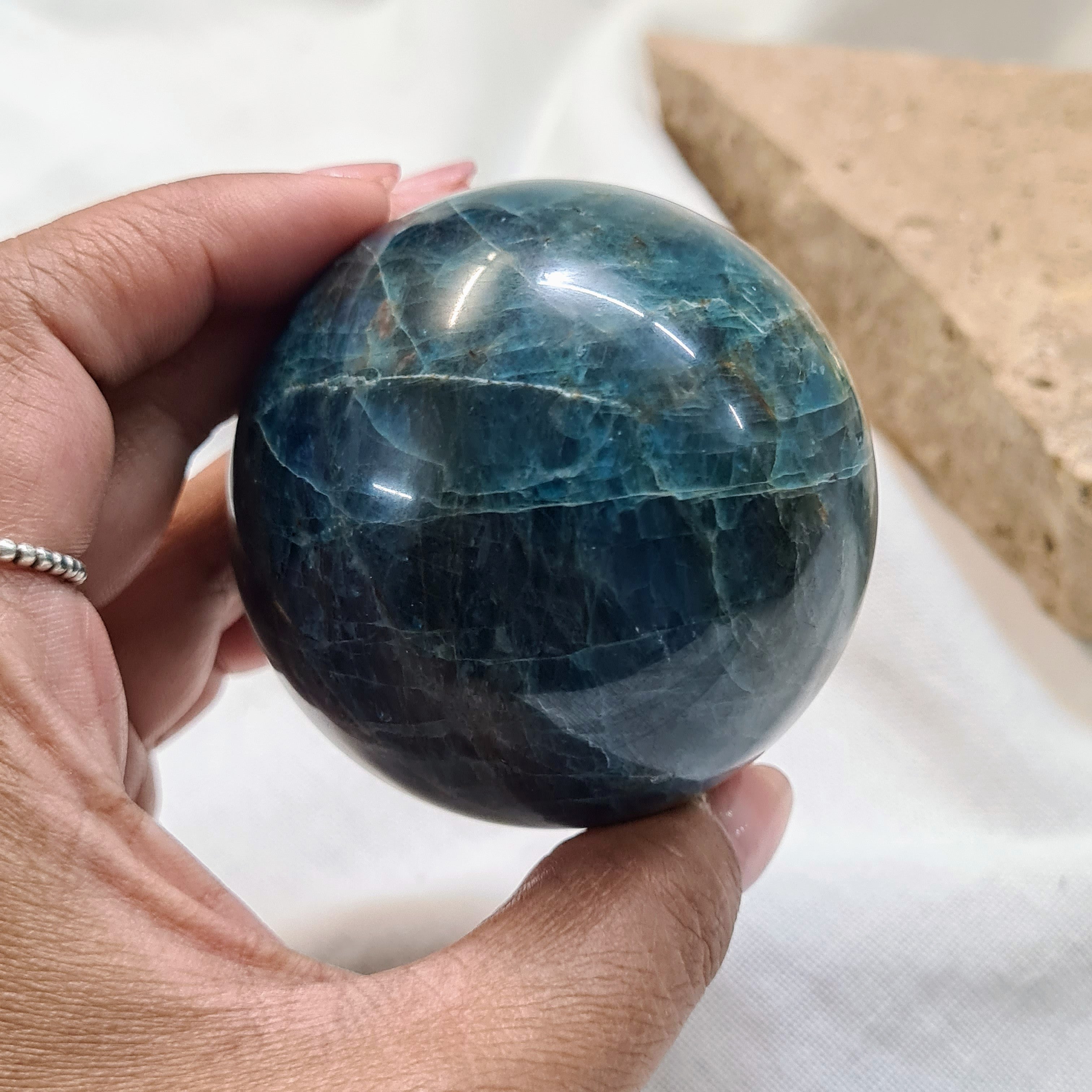 Blue Apatite sphere with brass stand | 344 g