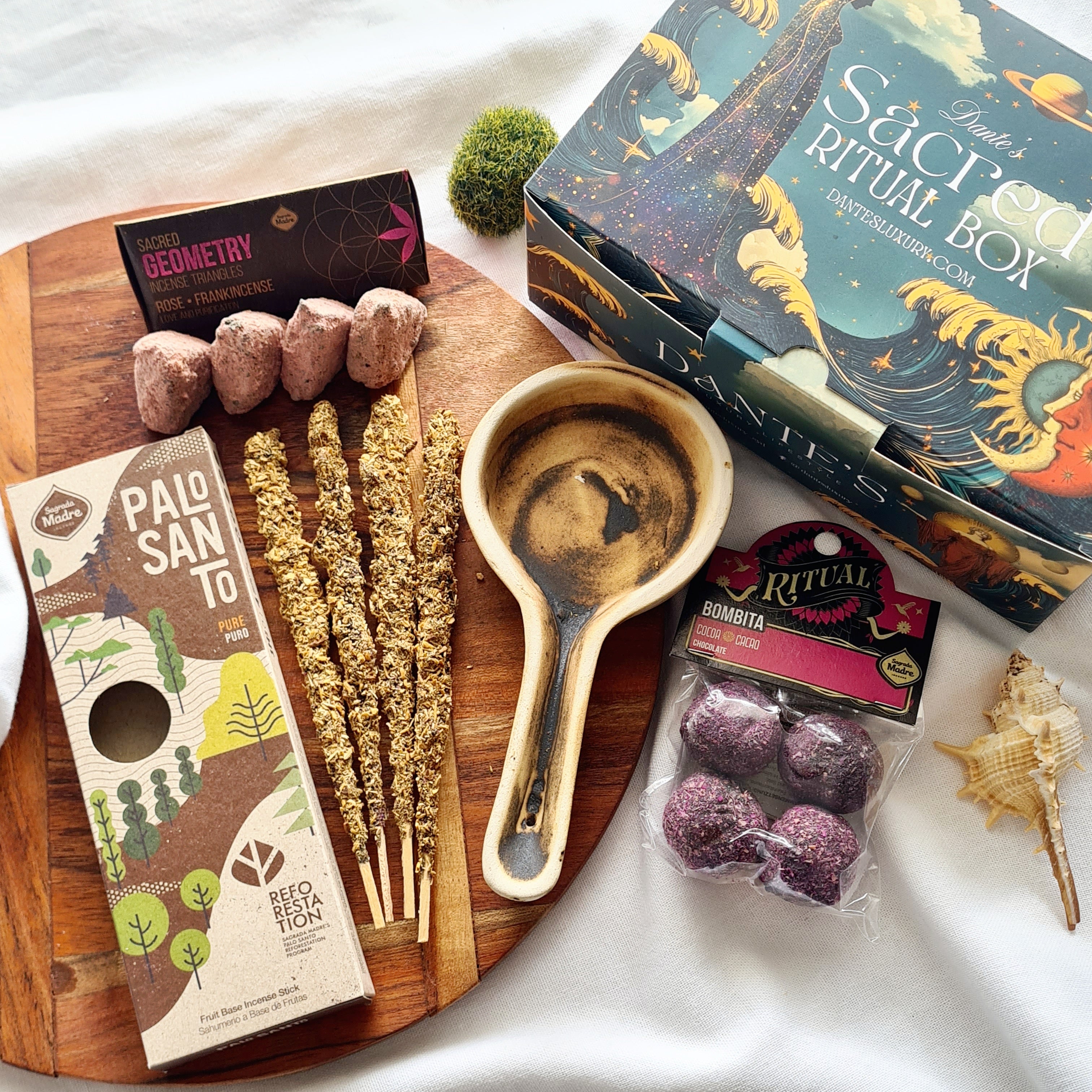 Sacred Ritual Kit | Artisan Burner, Pure Palo Santo Incense, Cacao Ceremony Bombitas & Sacred Rose Triangle