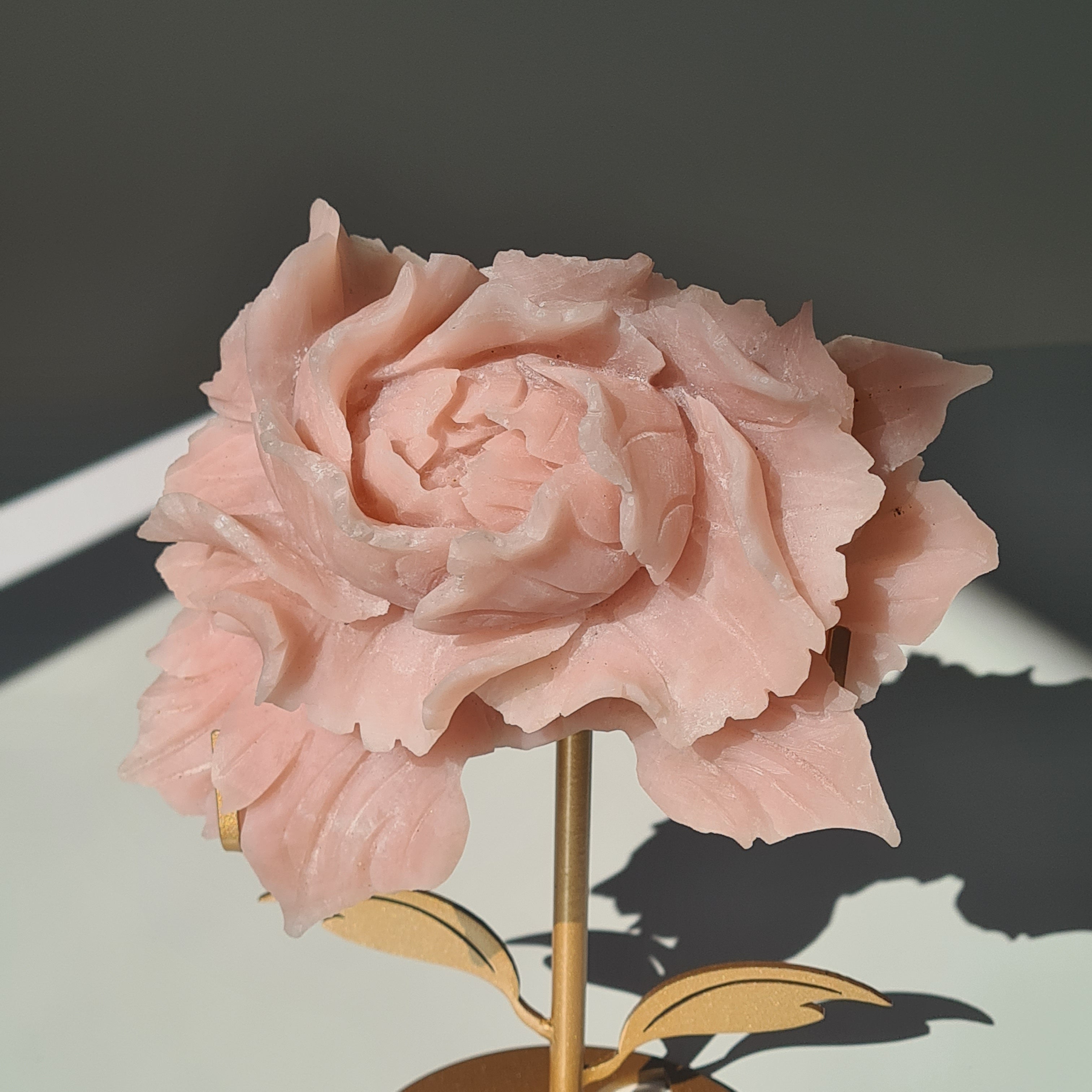 Pink Opal Crystal Flower Carving frosted finish on stand