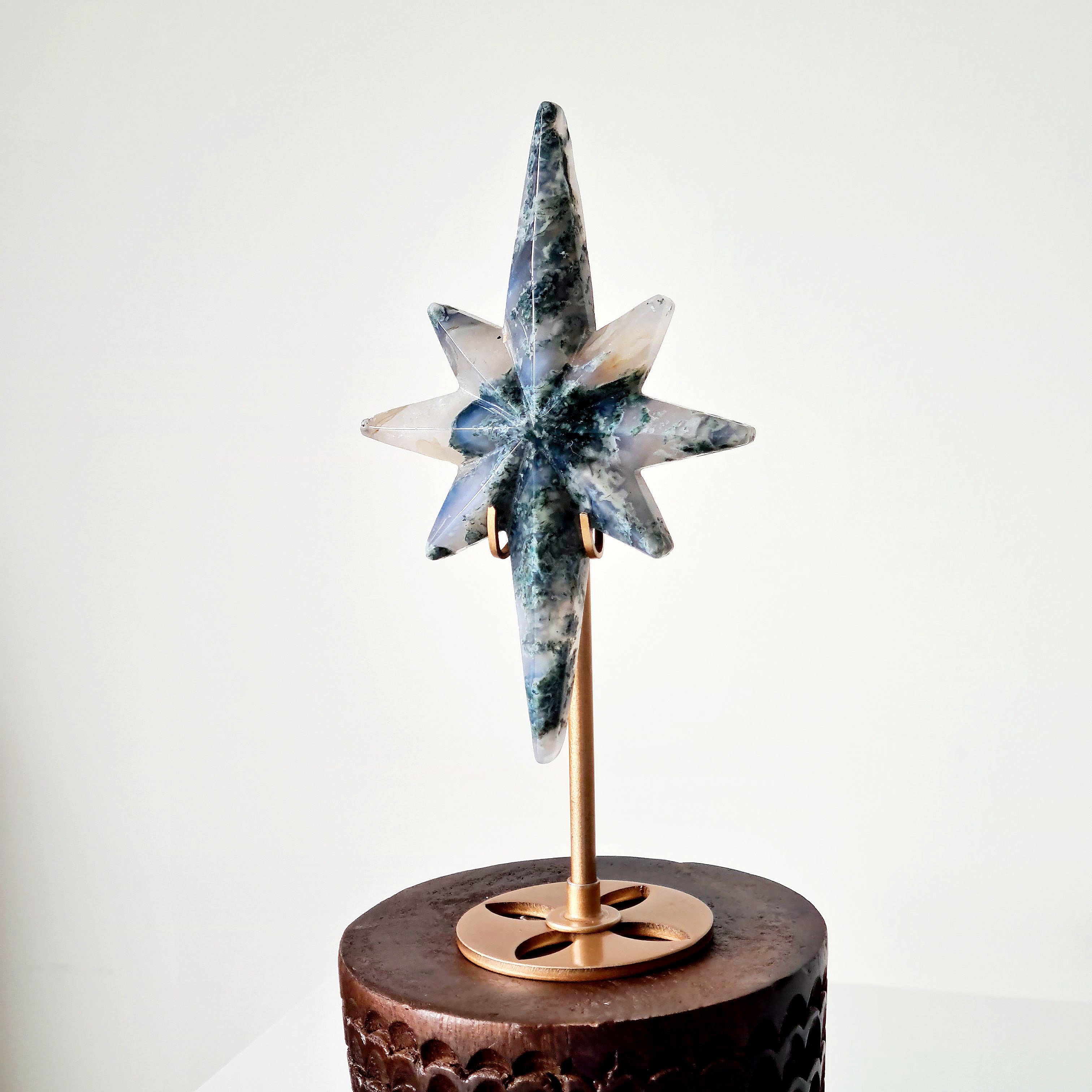 Moss Agate Star on stand | 14 cm star