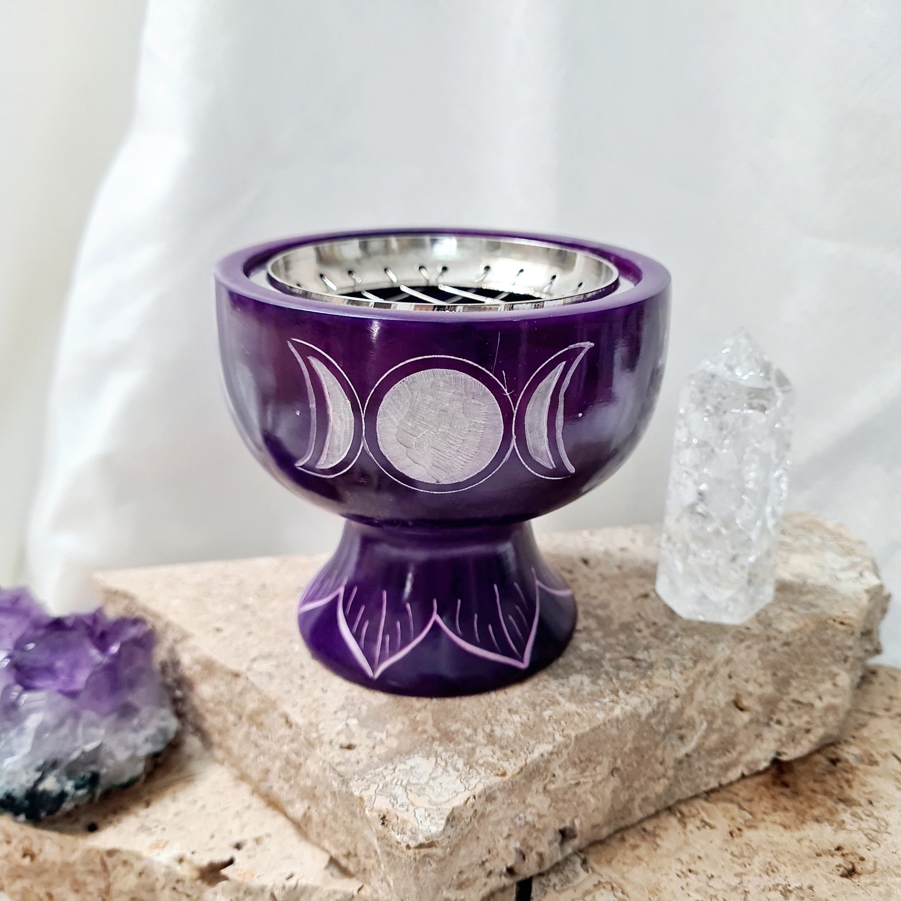 Soapstone Incense Burner | Triple Moon (Purple)