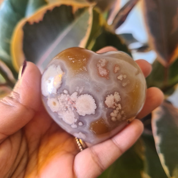 Flower Agate heart with stand ~ 17